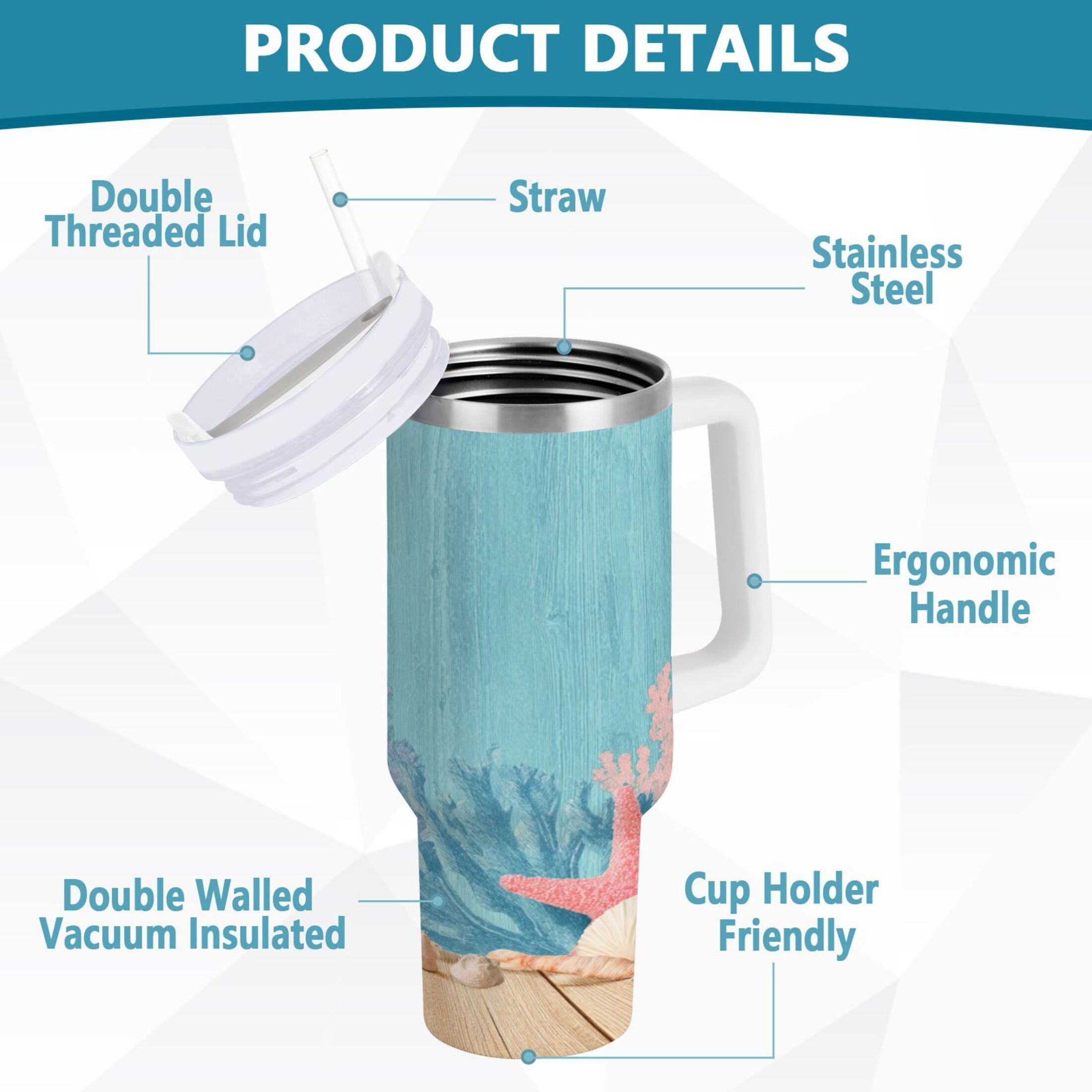 40 oz Insulated Stainless Steel Tumbler Double Wall Stainless Steel Tumbler with 2-Way Drinking Colorful Starfish and Seashells - Pick 769