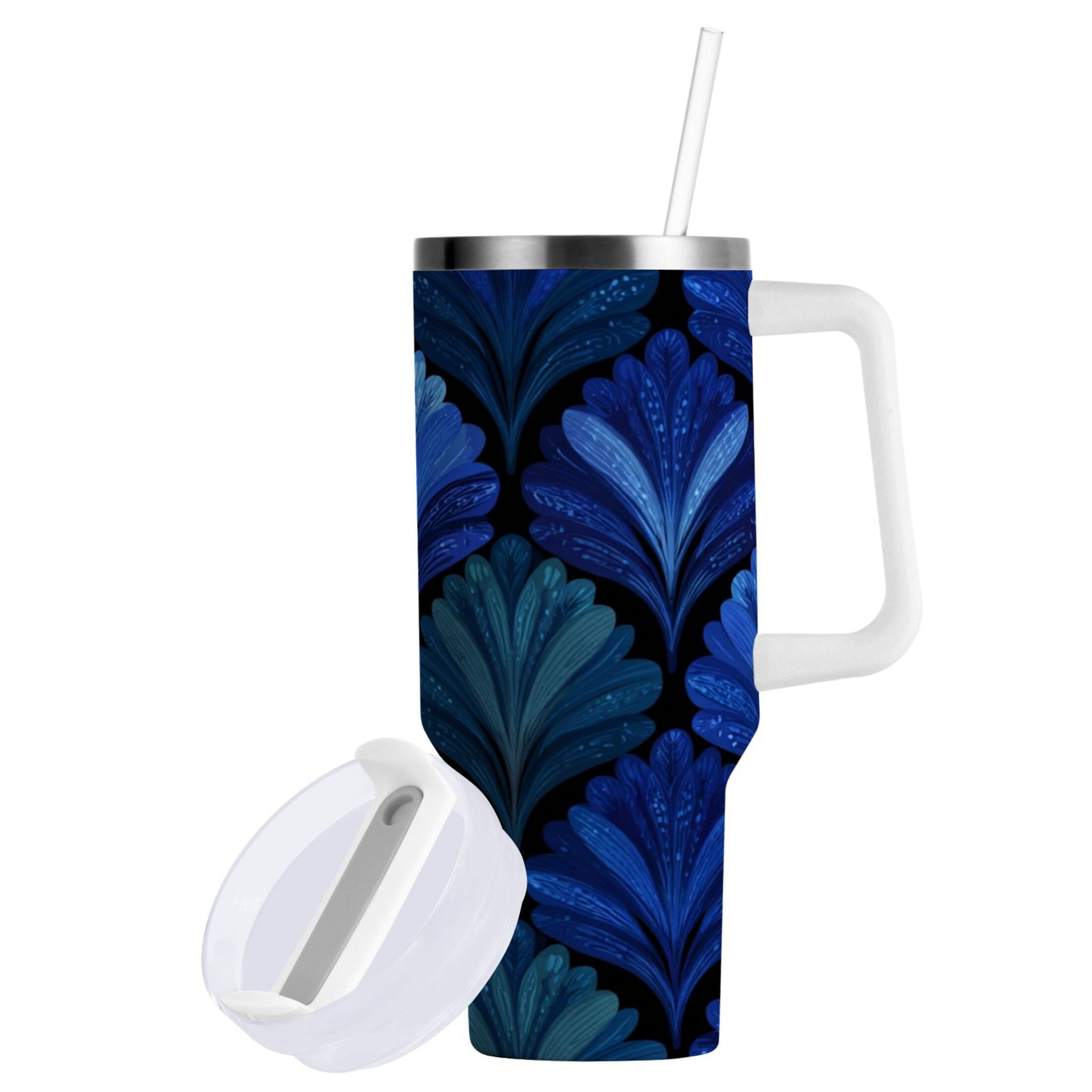 30 oz Insulated Stainless Steel Tumbler Double Wall Stainless Steel Tumbler with 2-Way Drinking Blue Batik Leaves Pattern - Pick 501