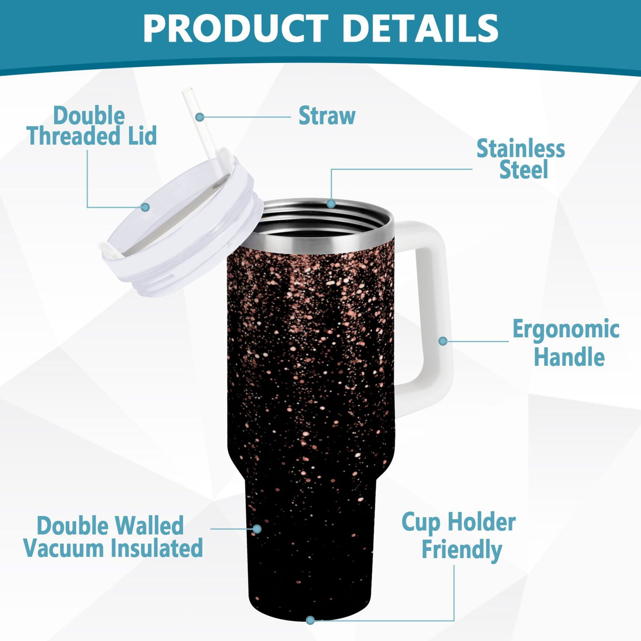40 oz Insulated Stainless Steel Tumbler Double Wall Stainless Steel Tumbler with 2-Way Drinking Rose Gold Glitter - Pick 962