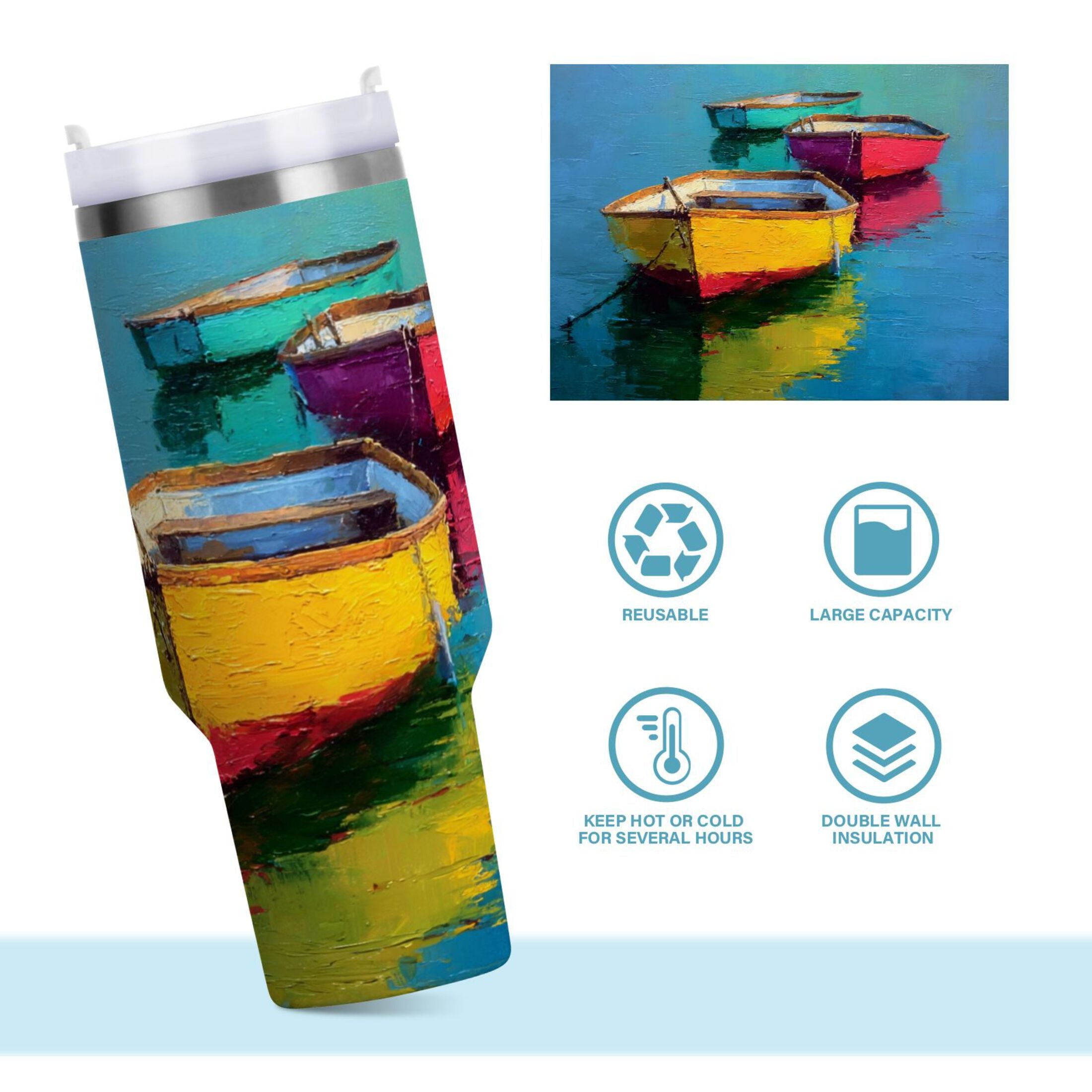 30 oz Insulated Stainless Steel Tumbler Double Wall Stainless Steel Tumbler with 2-Way Drinking Colorful Row Boats - Pick 761