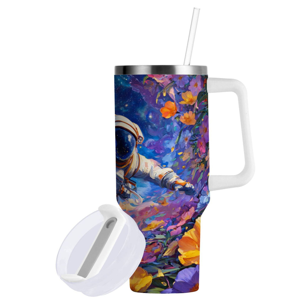 40 oz Insulated Stainless Steel Tumbler Double Wall Stainless Steel Tumbler with 2-Way Drinking Astronaut and Colorful Flowers - Pick 978