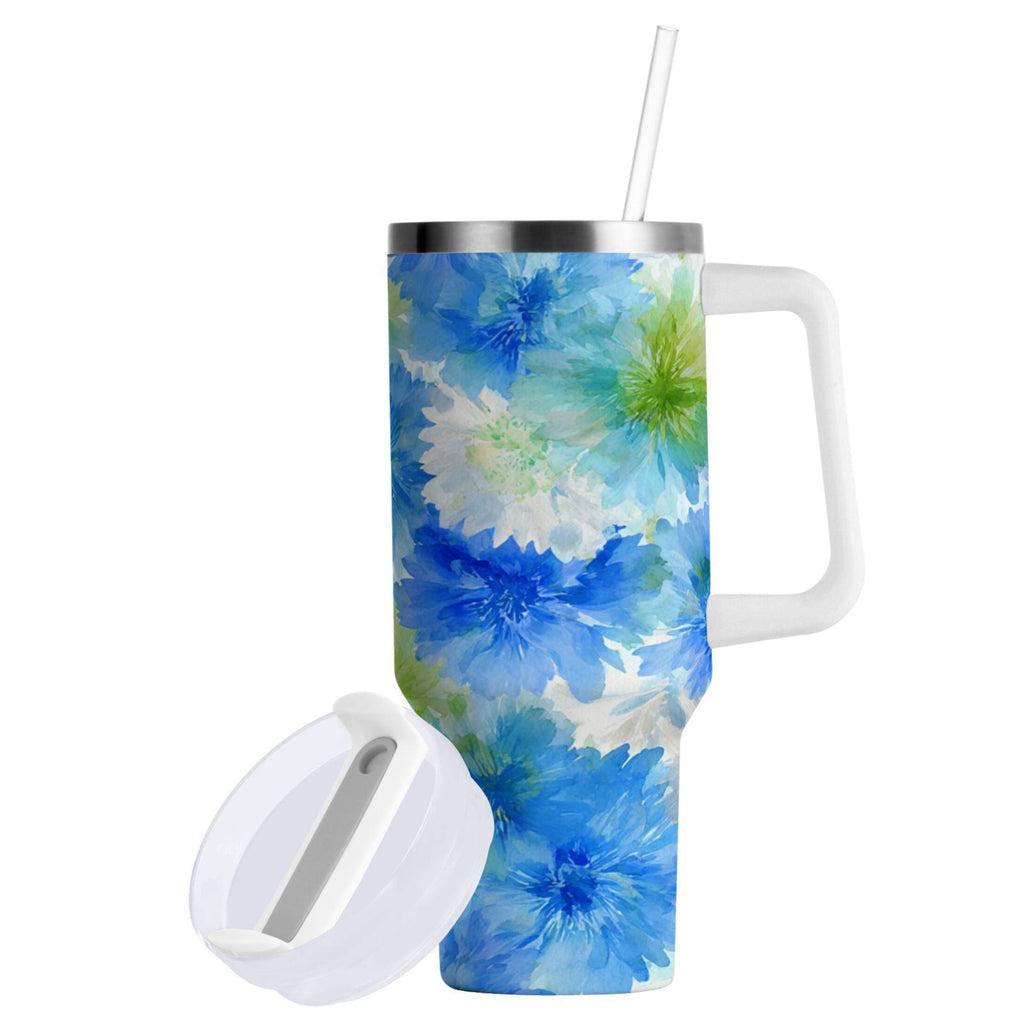 40 oz Insulated Stainless Steel Tumbler Double Wall Stainless Steel Tumbler with 2-Way Drinking Watercolor Blue Cornflowers - Pick 274