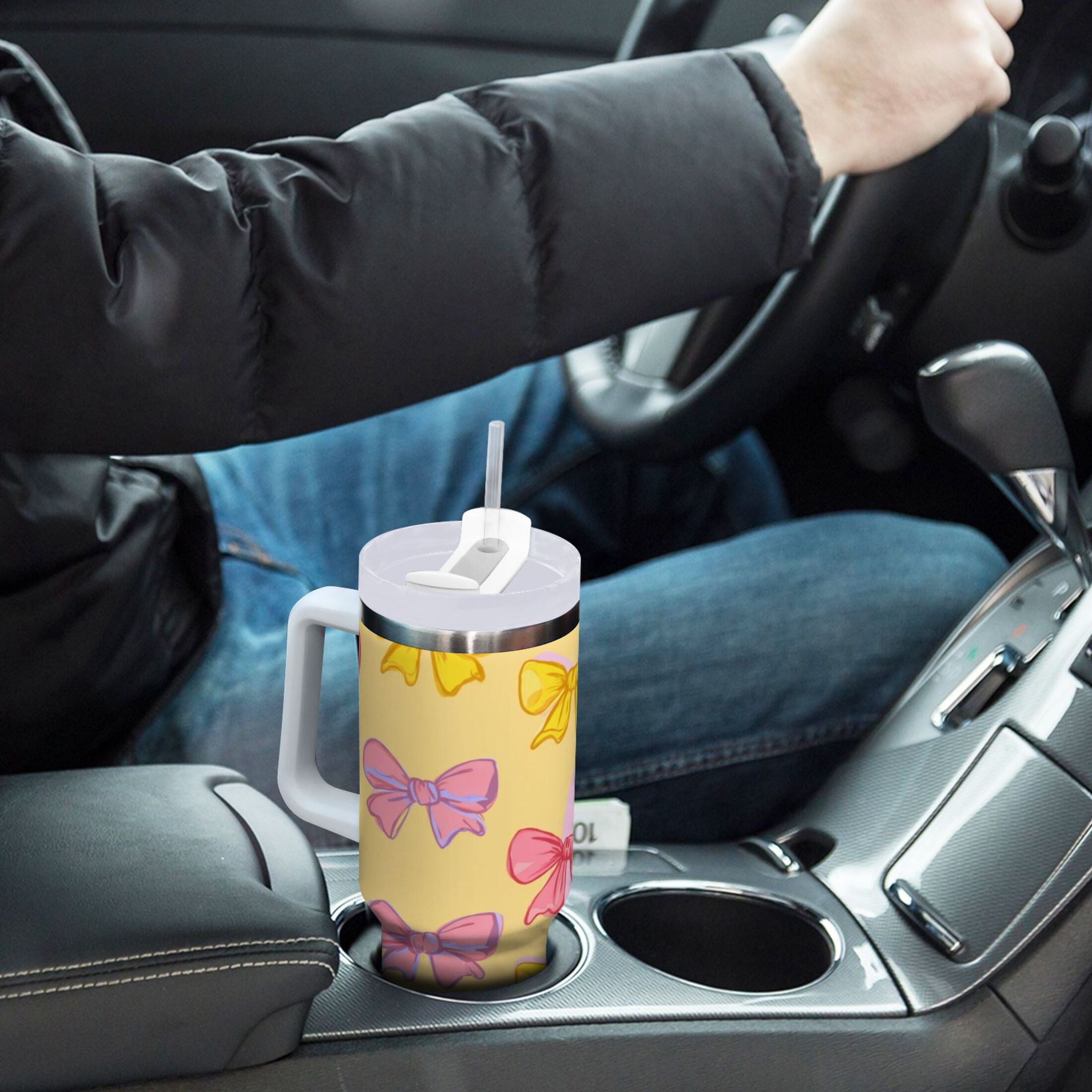30 oz Insulated Stainless Steel Tumbler Double Wall Stainless Steel Tumbler with 2-Way Drinking Yellow and Pink Bows - Pick 749