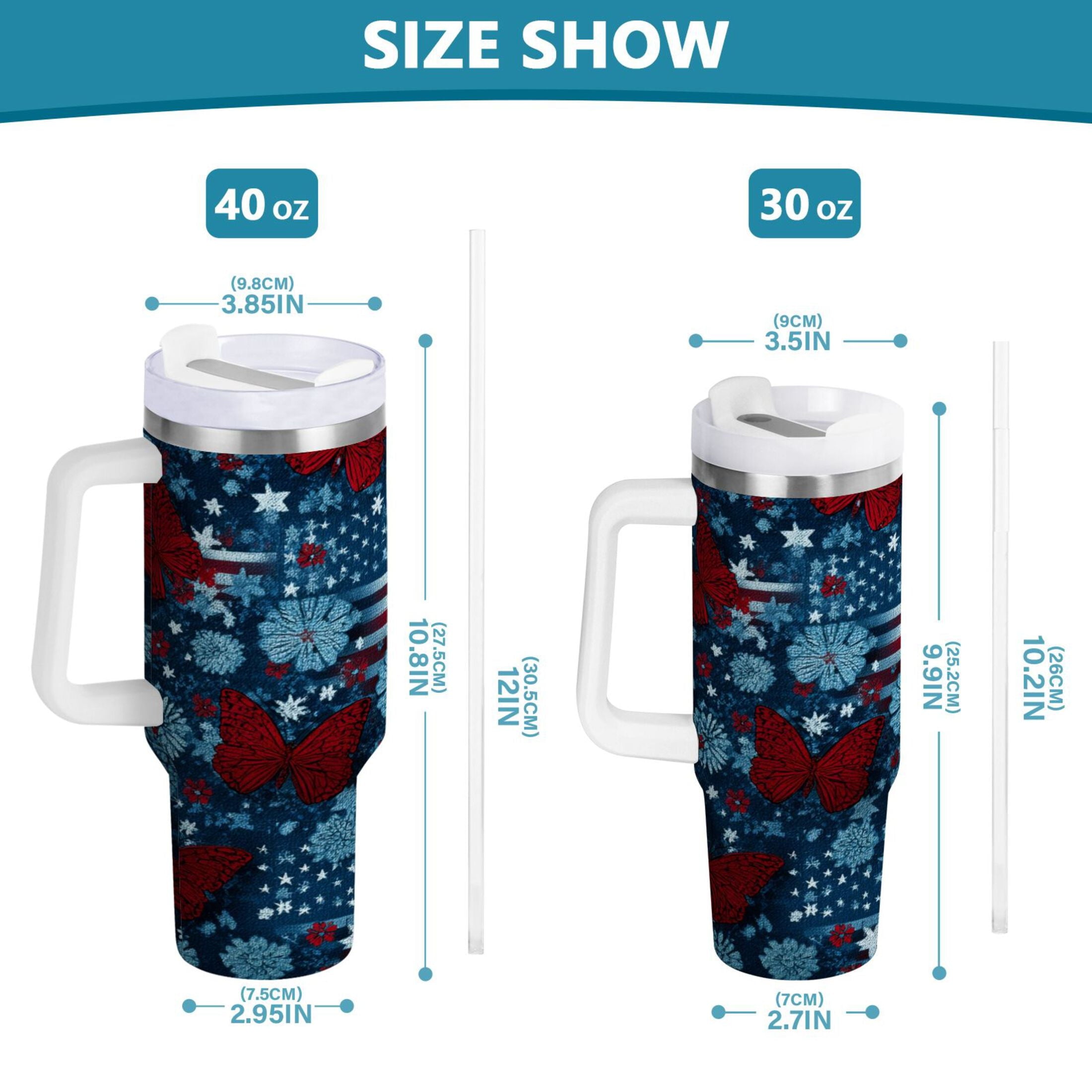 30 oz Insulated Stainless Steel Tumbler Double Wall Stainless Steel Tumbler with 2-Way Drinking Red Butterflies and Flags - Pick 334