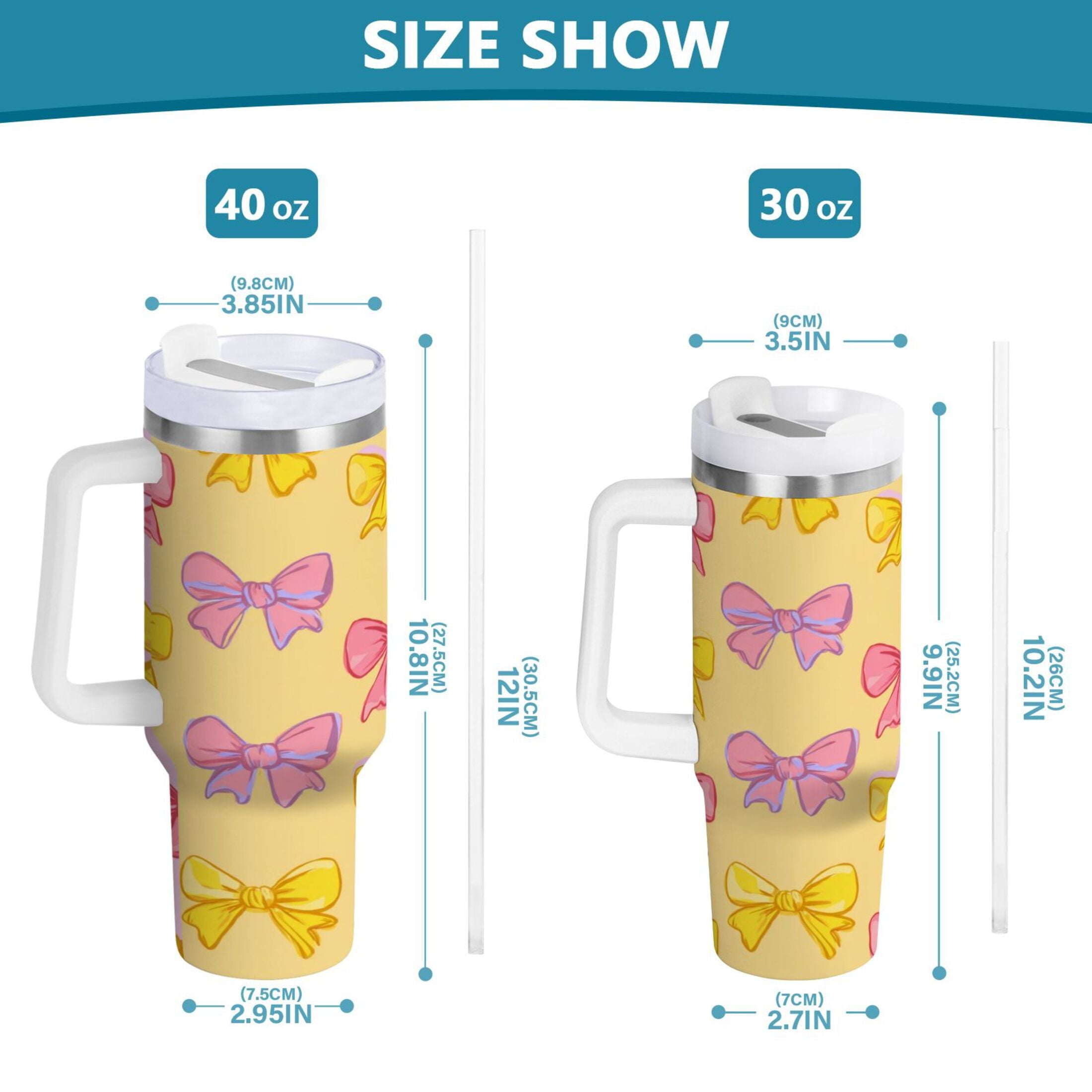 30 oz Insulated Stainless Steel Tumbler Double Wall Stainless Steel Tumbler with 2-Way Drinking Yellow and Pink Bows - Pick 749