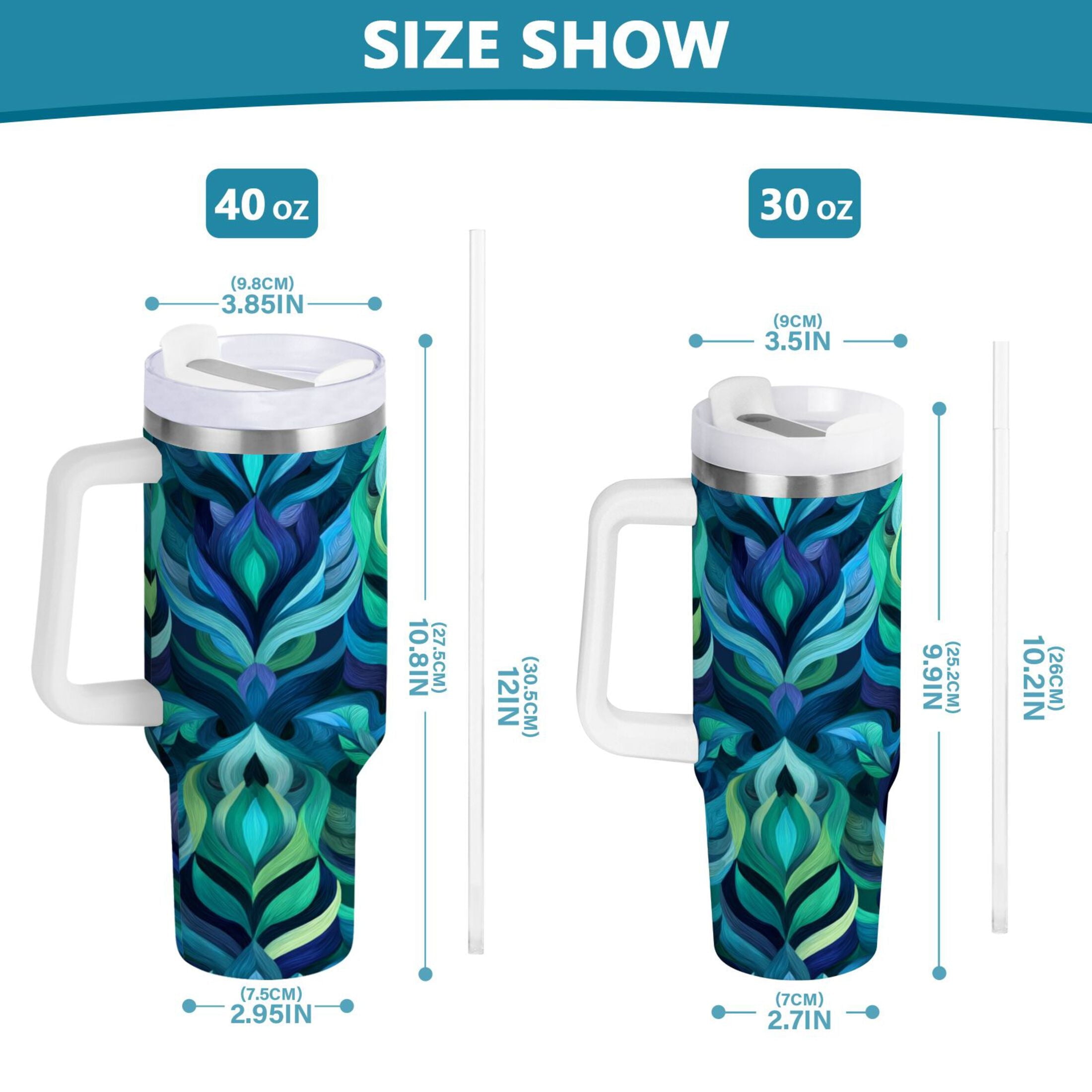 40 oz Insulated Stainless Steel Tumbler Double Wall Stainless Steel Tumbler with 2-Way Drinking Elegant Blue Abstract Shapes - Pick 410