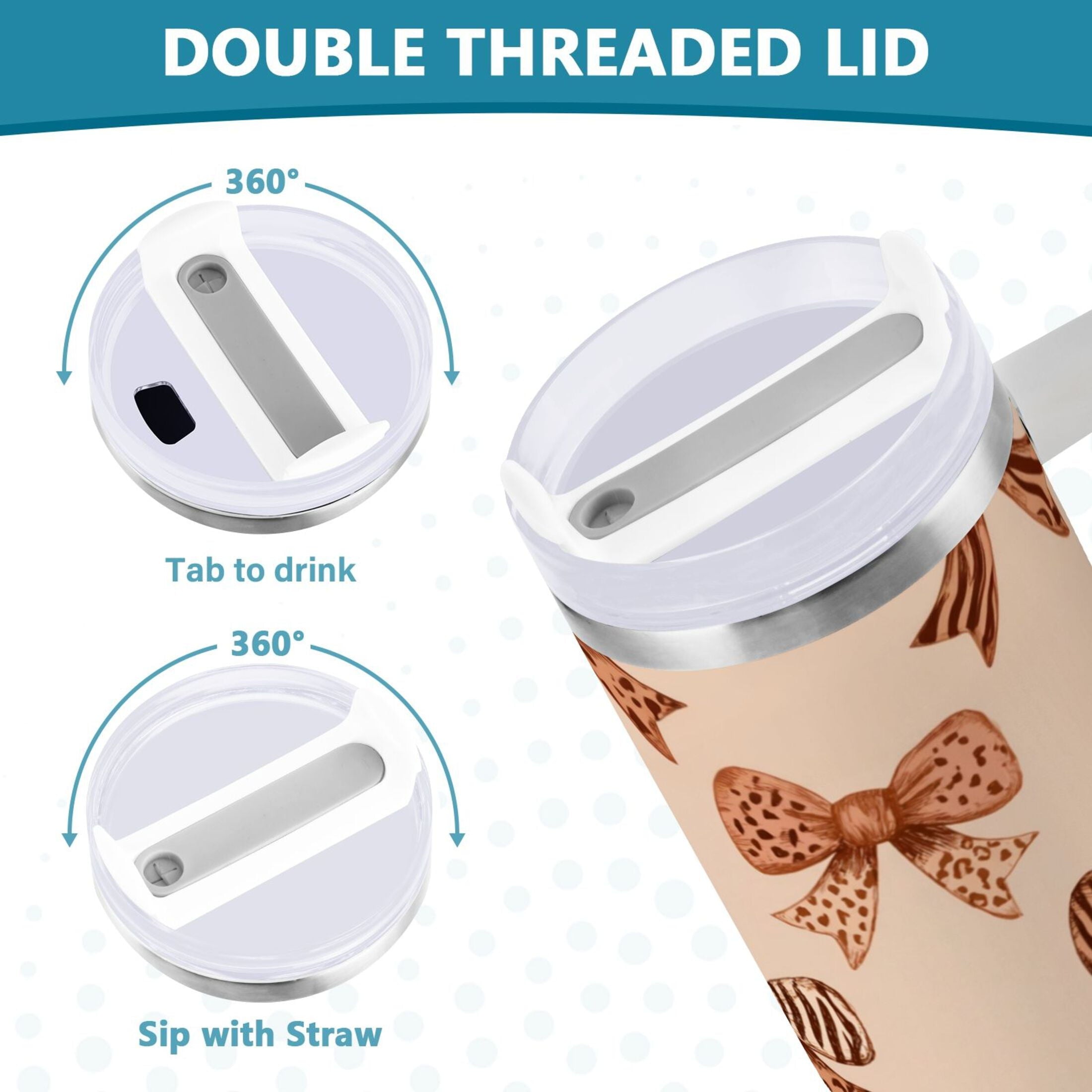 40 oz Insulated Stainless Steel Tumbler Double Wall Stainless Steel Tumbler with 2-Way Drinking Leopard Print Bow - Pick 924