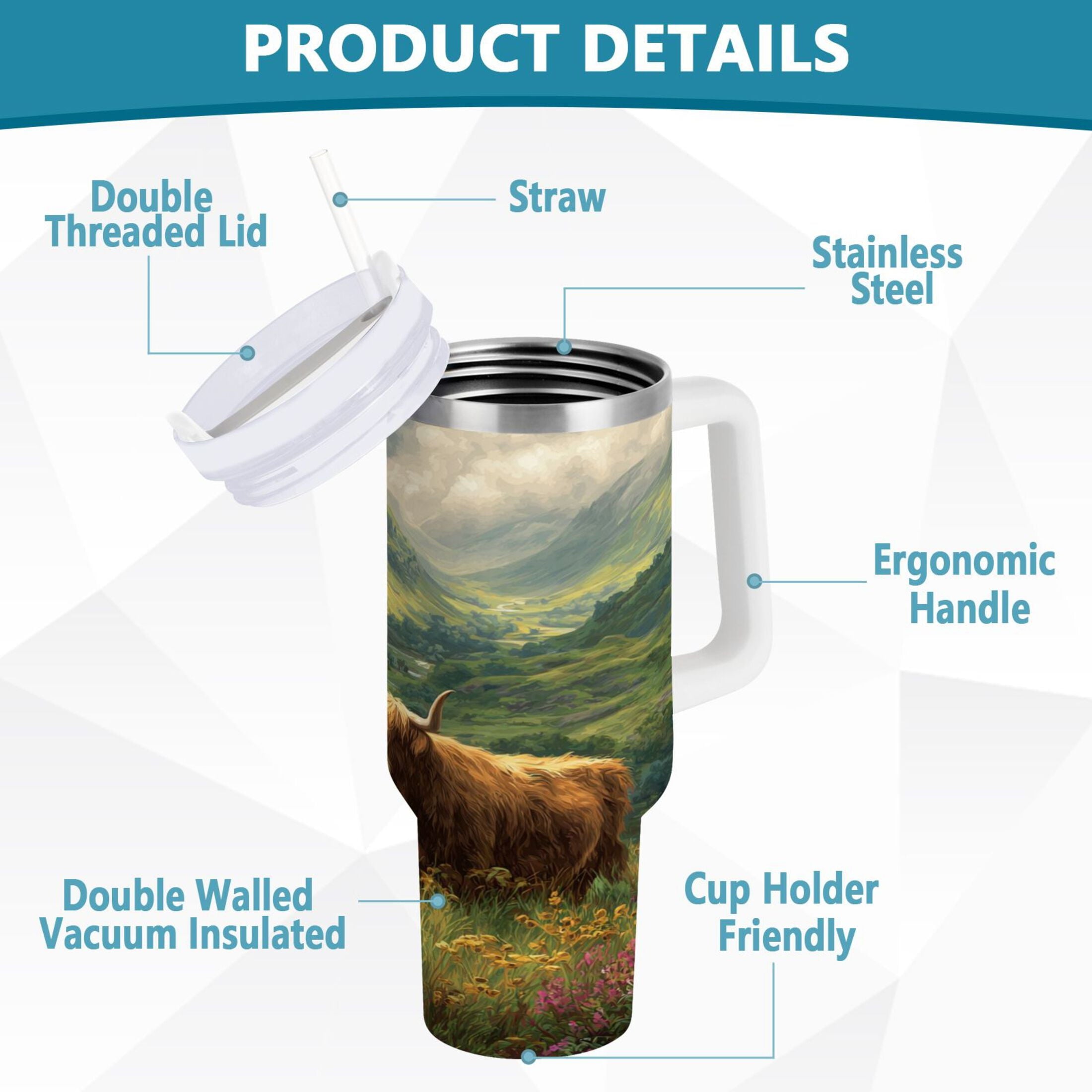 30 oz Insulated Stainless Steel Tumbler Double Wall Stainless Steel Tumbler with 2-Way Drinking Cow in Green Rolling Hills - Pick 393
