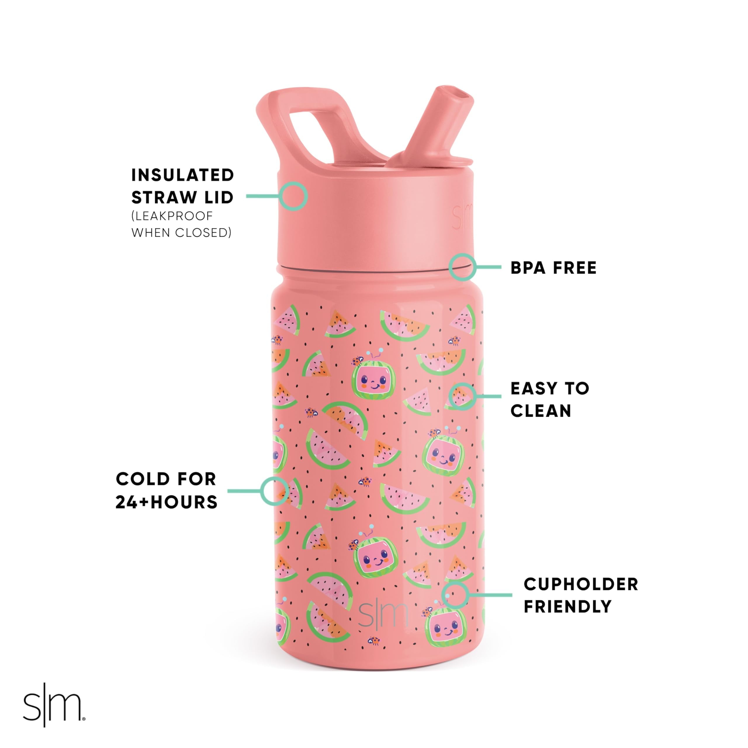 Simple Modern CoComelon Kids Water Bottle with Straw Lid | Insulated Stainless Steel Reusable Tumbler for Toddlers, Girls | Summit Collection | 14oz, CoComelon Pink Melon - Pick 232