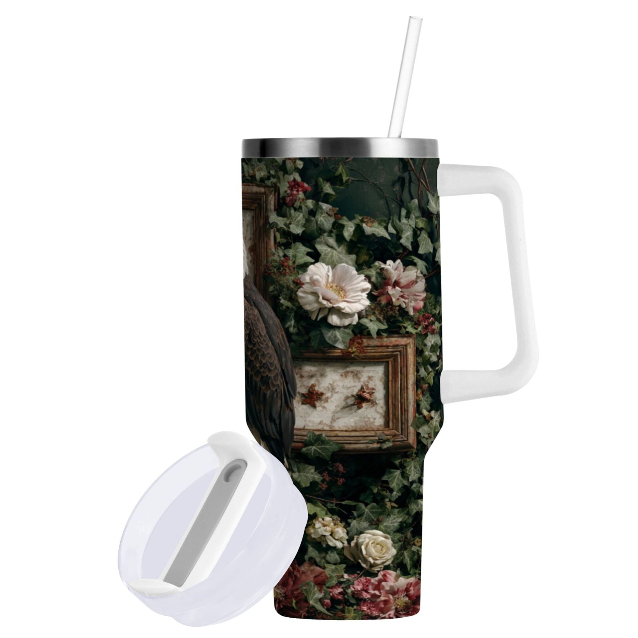 30 oz Insulated Stainless Steel Tumbler Double Wall Stainless Steel Tumbler with 2-Way Drinking Wreath and Bald Eagle - Pick 452
