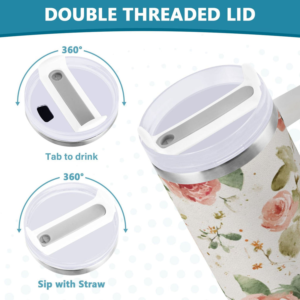40 oz Insulated Stainless Steel Tumbler Double Wall Stainless Steel Tumbler with 2-Way Drinking Watercolor Rose Floral Pattern - Pick 229