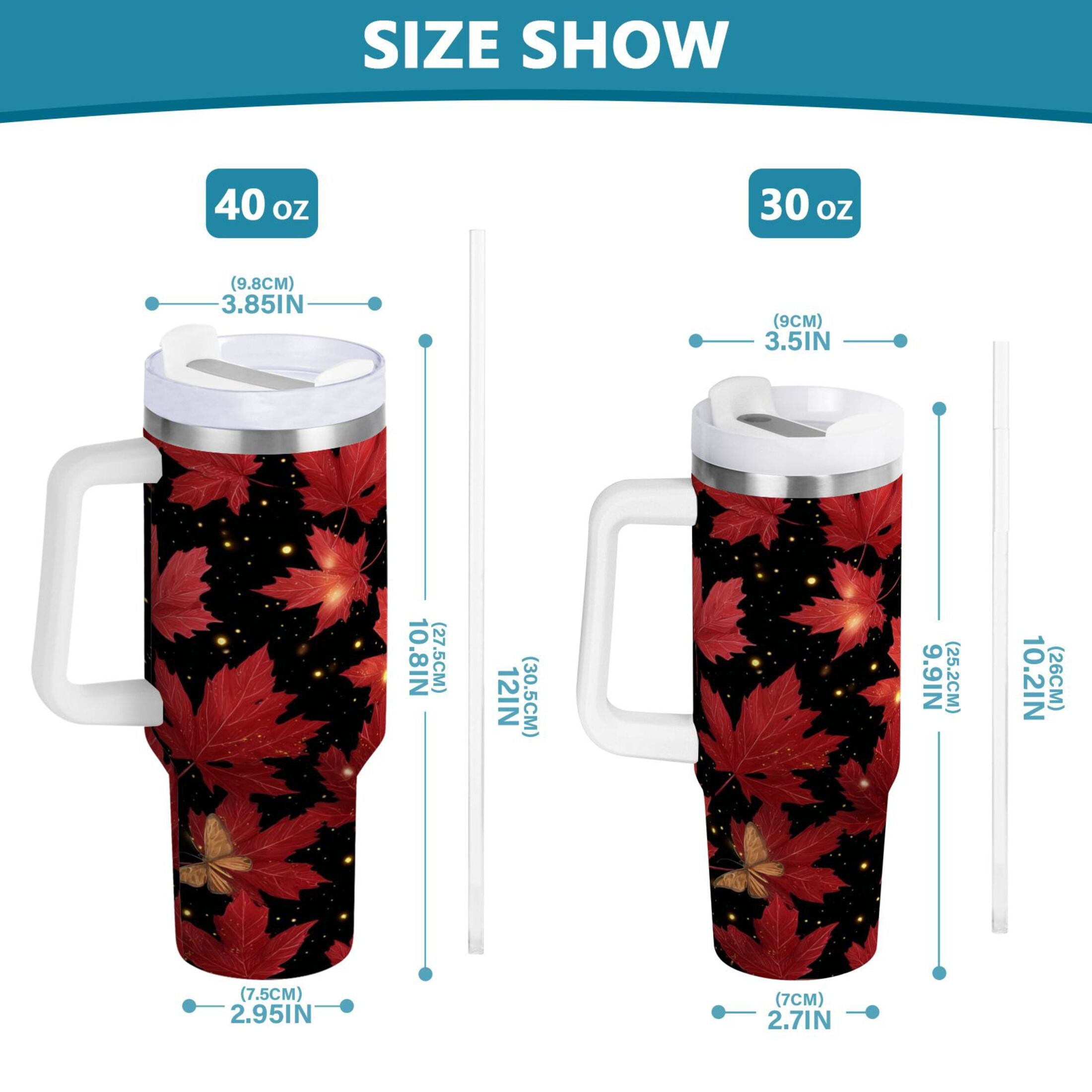 40 oz Insulated Stainless Steel Tumbler Double Wall Stainless Steel Tumbler with 2-Way Drinking Maple Leaves and Fireflies - Pick 528