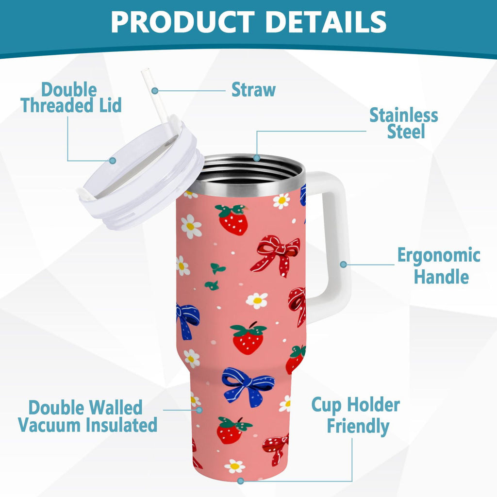40 oz Insulated Stainless Steel Tumbler Double Wall Stainless Steel Tumbler with 2-Way Drinking Bows and Strawberries Pattern - Pick 631