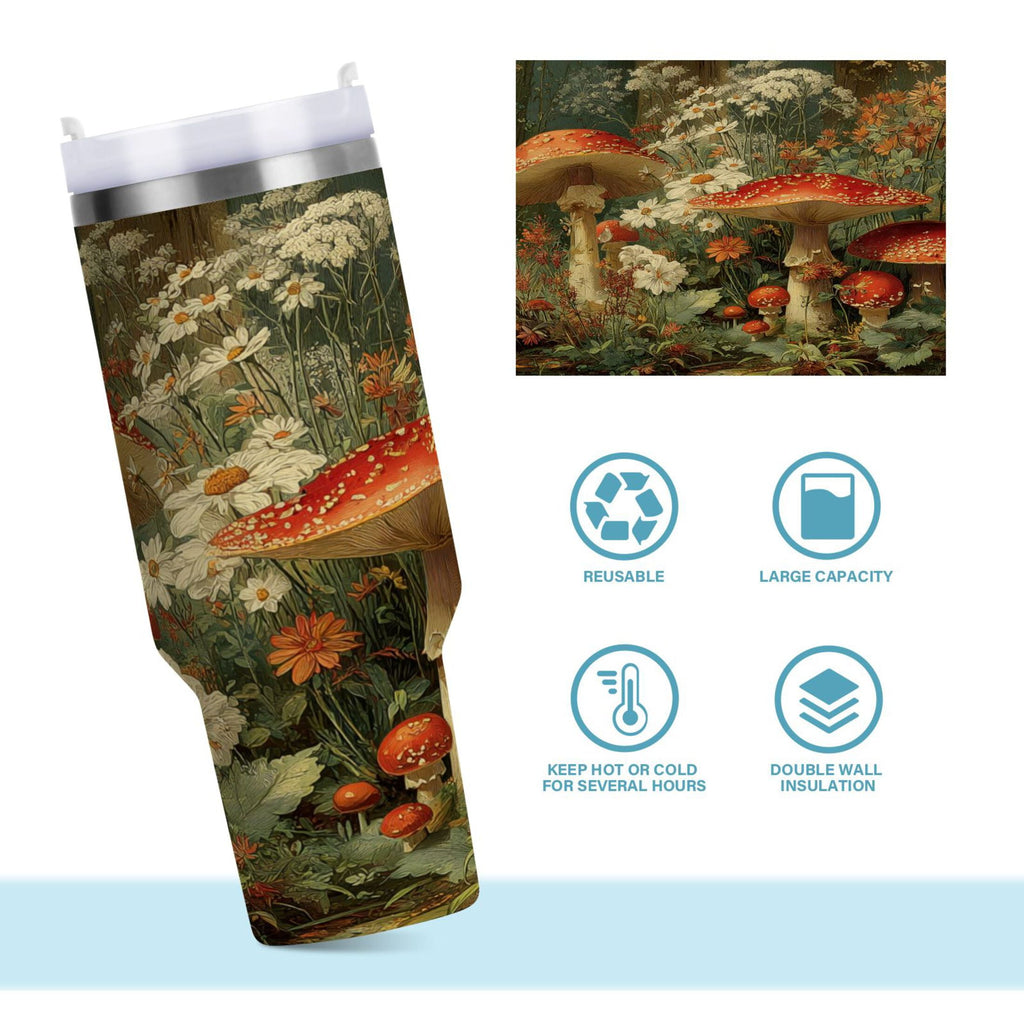 40 oz Insulated Stainless Steel Tumbler Double Wall Stainless Steel Tumbler with 2-Way Drinking Red Mushrooms - Pick 979
