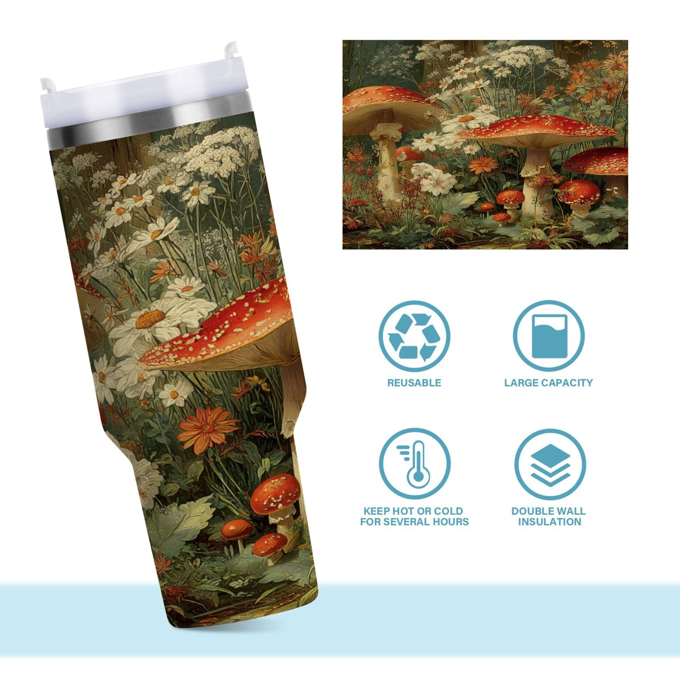 40 oz Insulated Stainless Steel Tumbler Double Wall Stainless Steel Tumbler with 2-Way Drinking Red Mushrooms - Pick 979