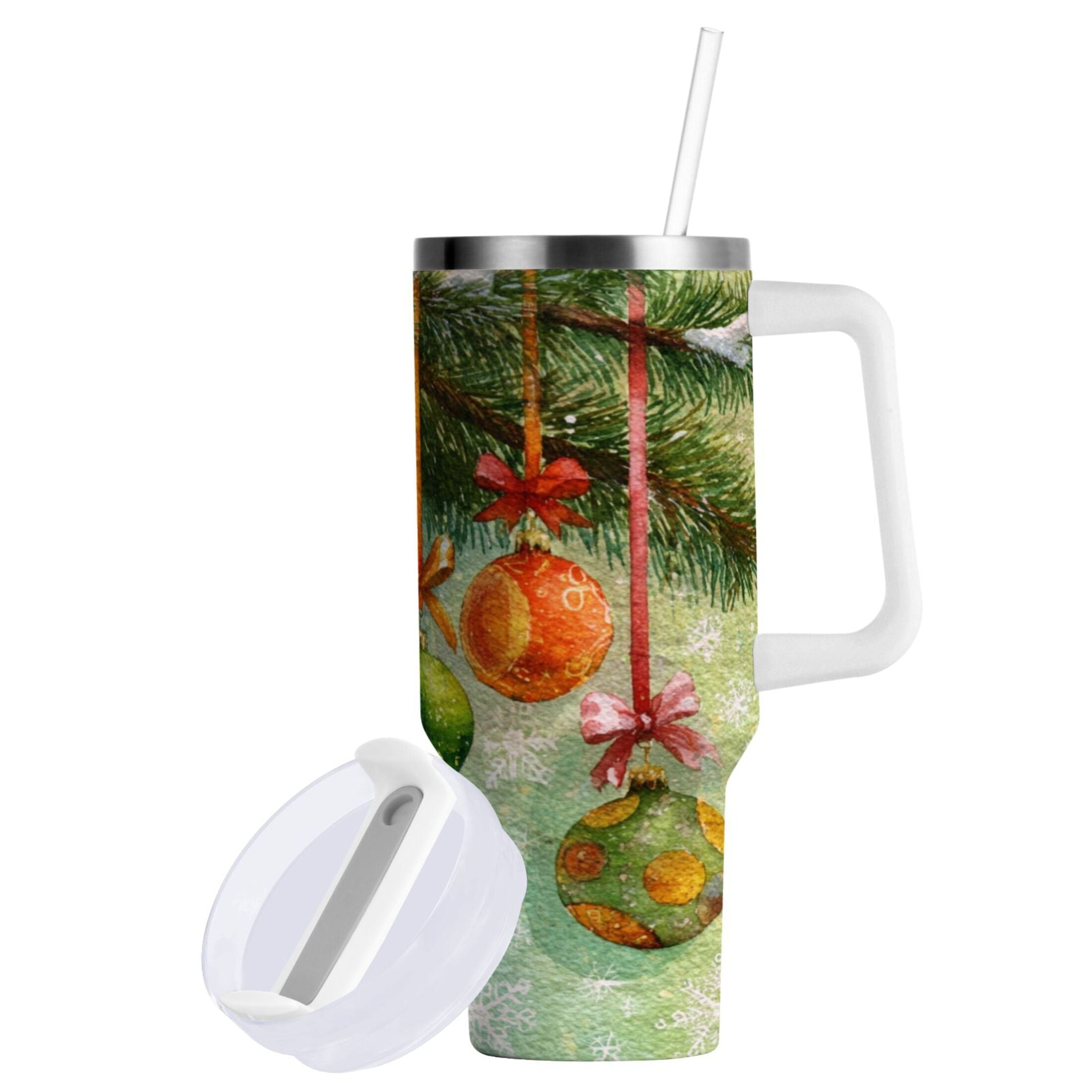 30 oz Insulated Stainless Steel Tumbler Double Wall Stainless Steel Tumbler with 2-Way Drinking Christmas Ornaments Watercolor Painting - Pick 357