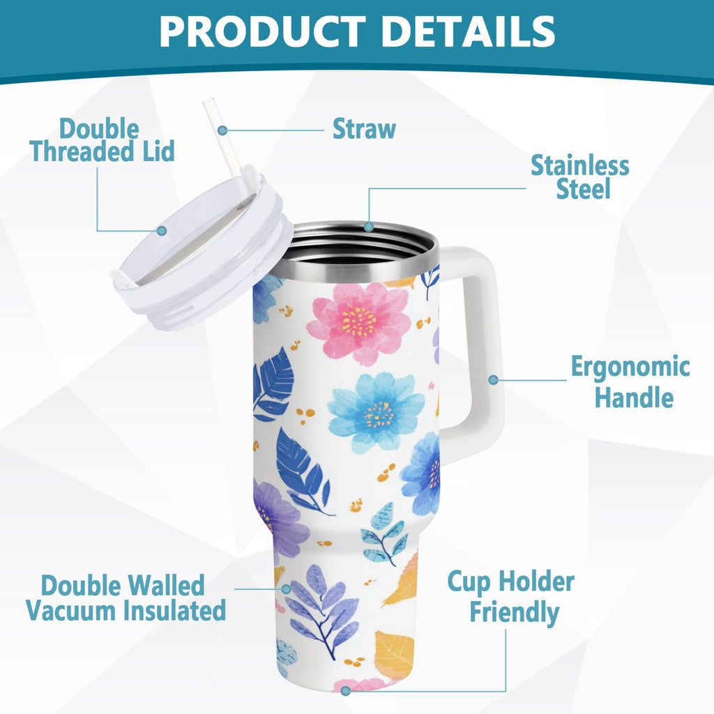 30 oz Insulated Stainless Steel Tumbler Double Wall Stainless Steel Tumbler with 2-Way Drinking Blue and Purple Flowers - Pick 625