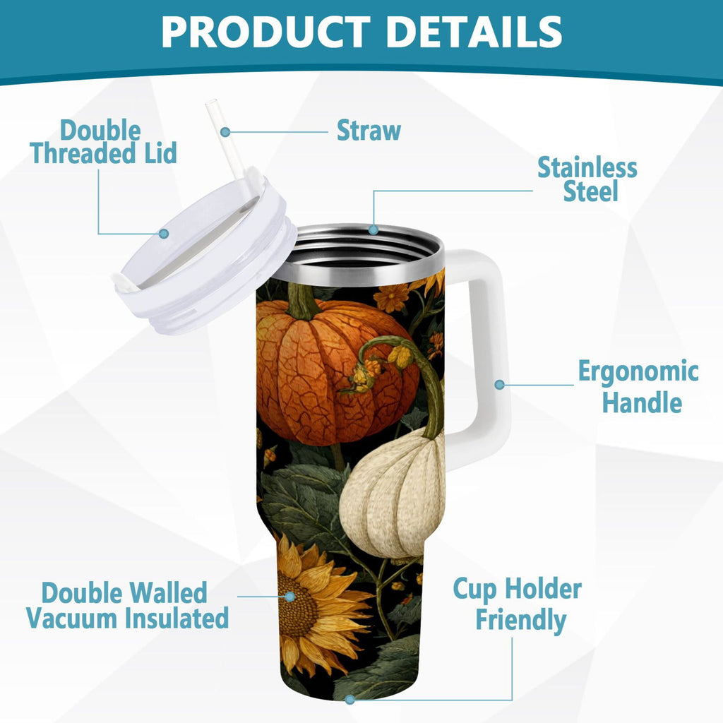 40 oz Insulated Stainless Steel Tumbler Double Wall Stainless Steel Tumbler with 2-Way Drinking Pumpkins and Sunflowers Pattern - Pick 154