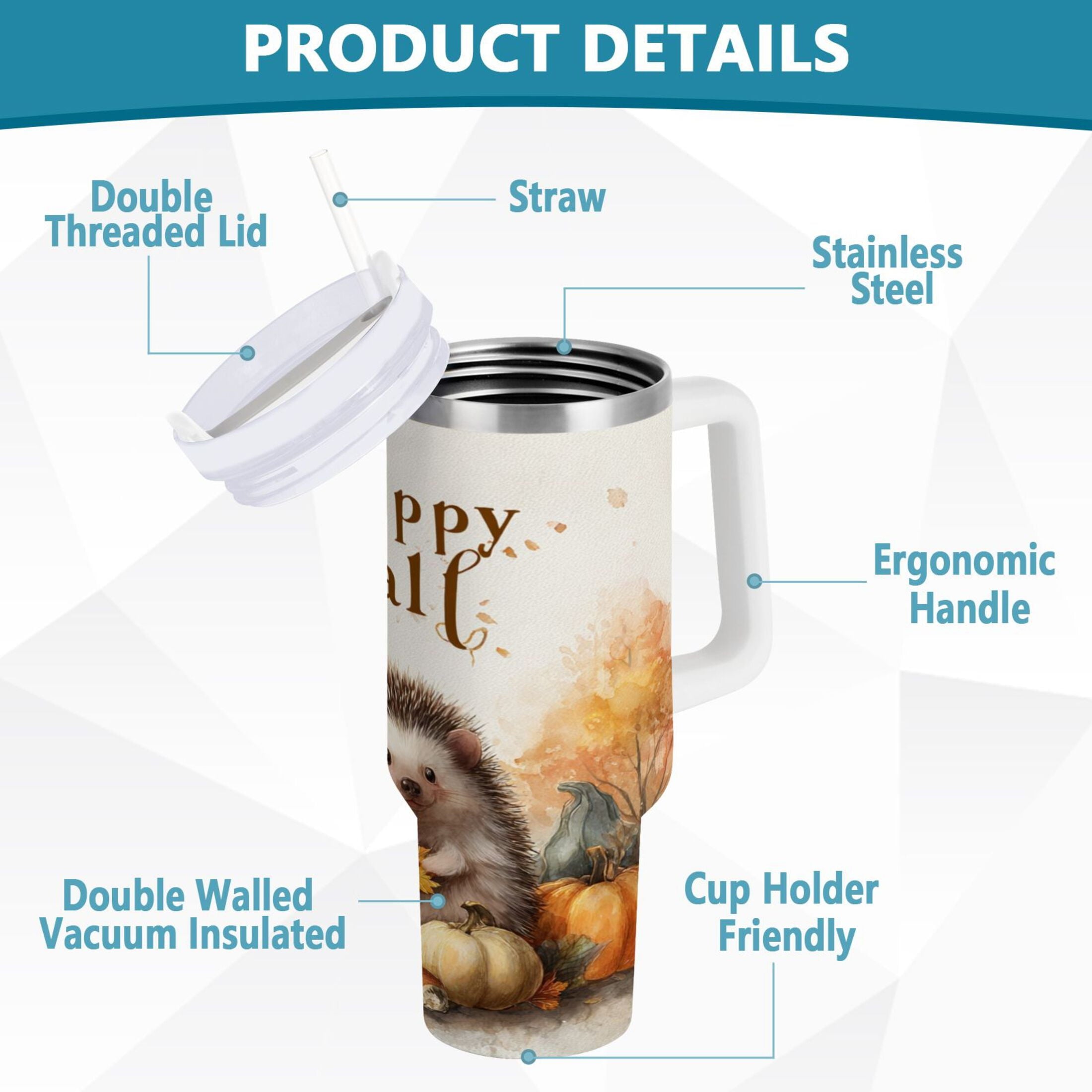 30 oz Insulated Stainless Steel Tumbler Double Wall Stainless Steel Tumbler with 2-Way Drinking Cute Little Hedgehog - Pick 970