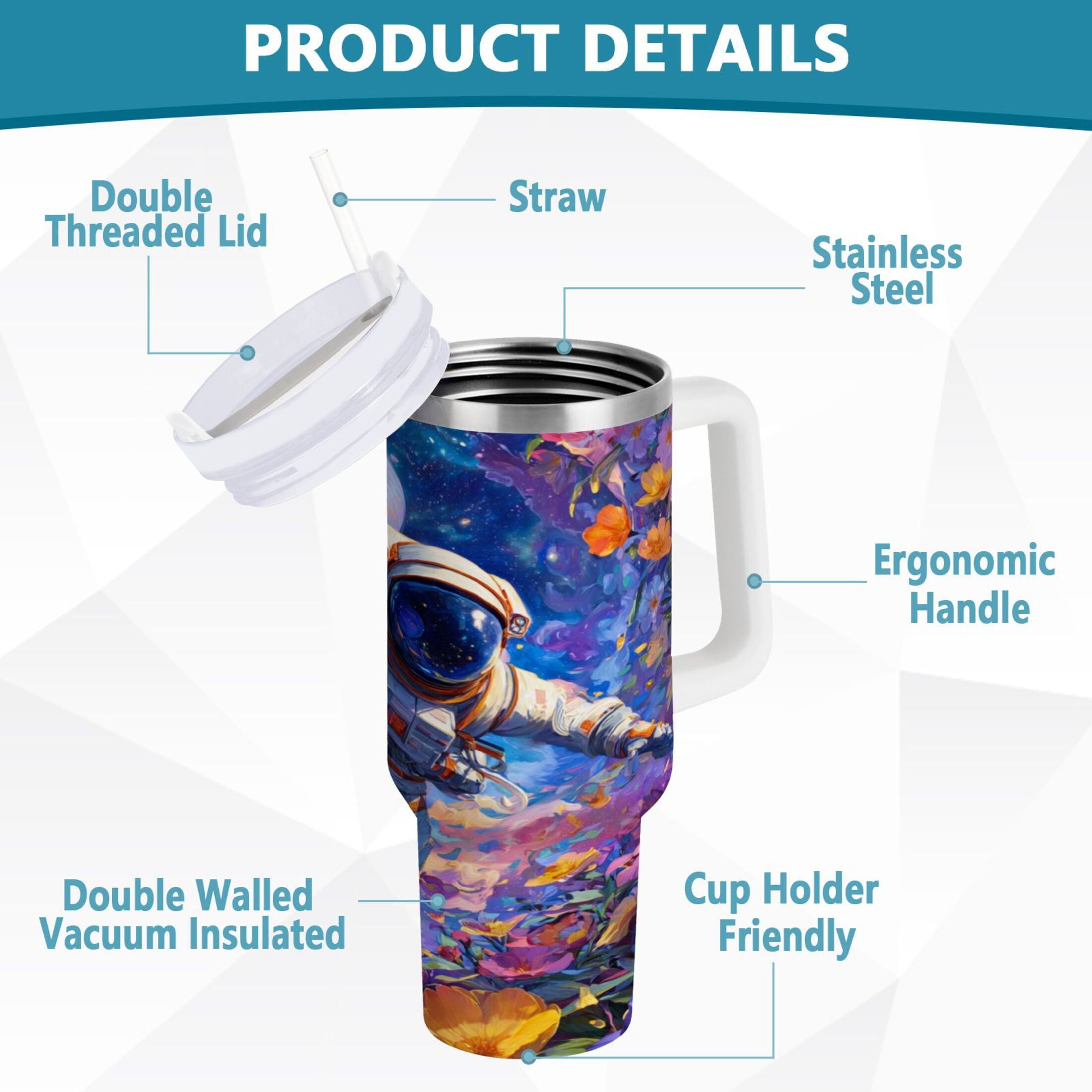 40 oz Insulated Stainless Steel Tumbler Double Wall Stainless Steel Tumbler with 2-Way Drinking Astronaut and Colorful Flowers - Pick 978