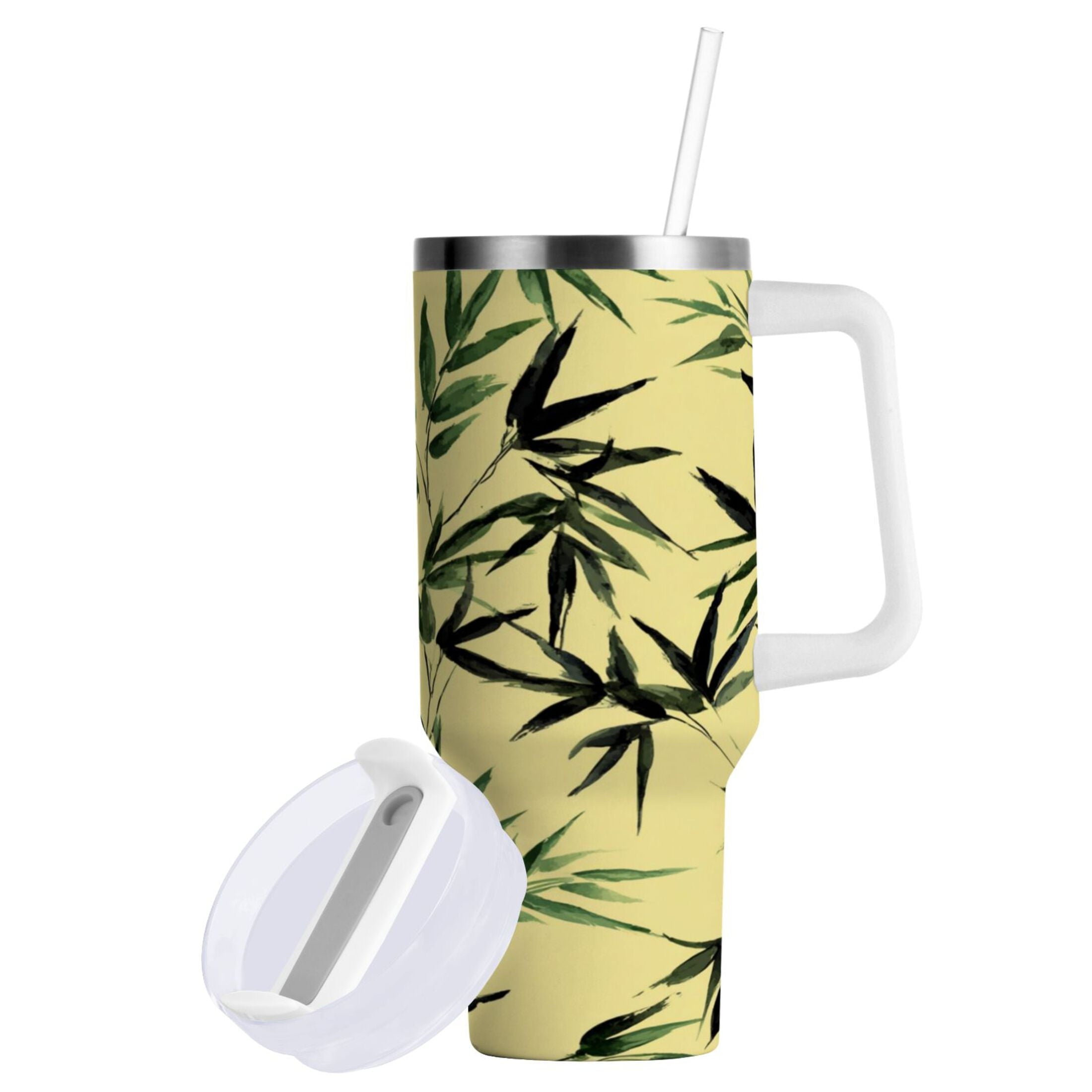 30 oz Insulated Stainless Steel Tumbler Double Wall Stainless Steel Tumbler with 2-Way Drinking Bamboo and Green Leaves - Pick 645