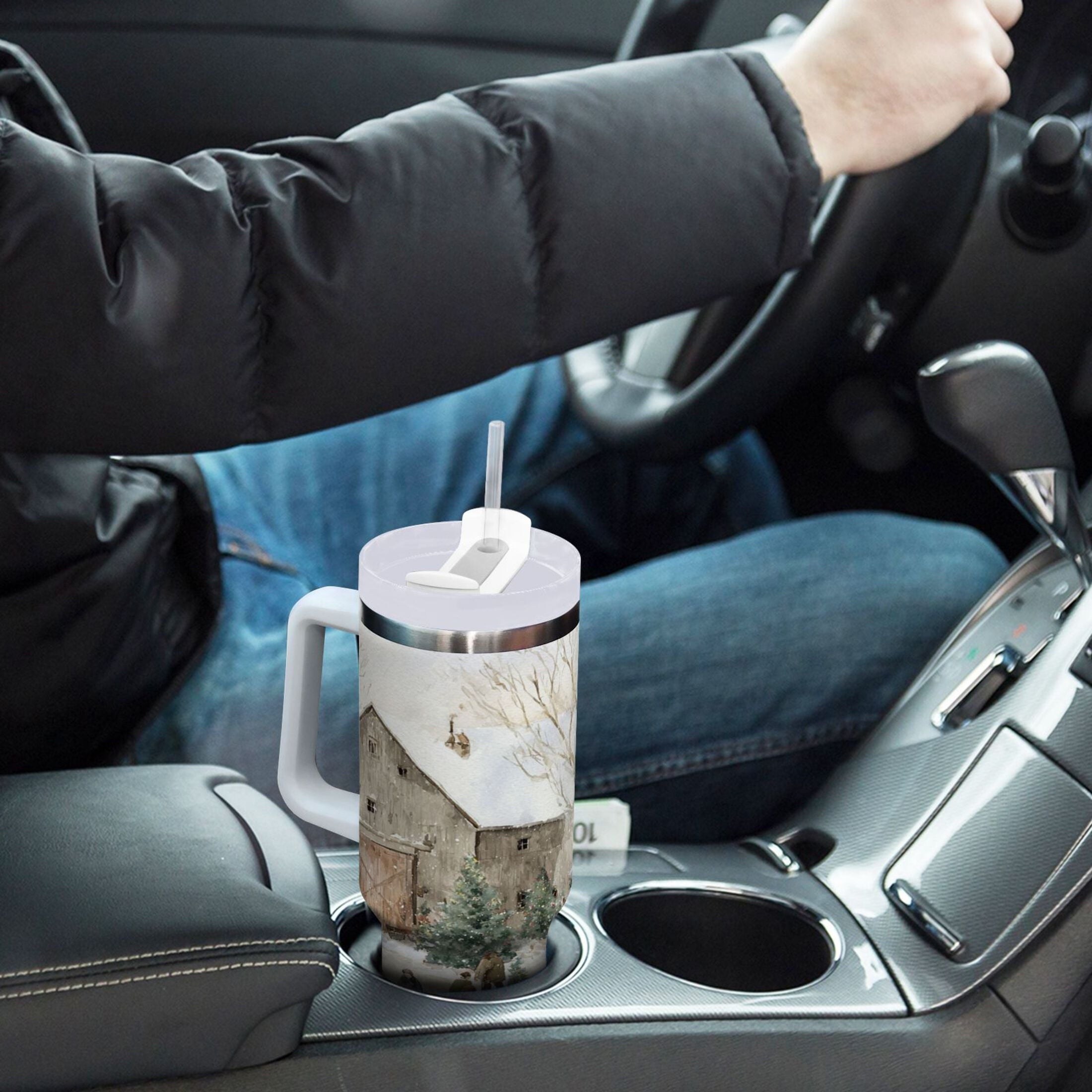 40 oz Insulated Stainless Steel Tumbler Double Wall Stainless Steel Tumbler with 2-Way Drinking Farm Snow Scene - Pick 311
