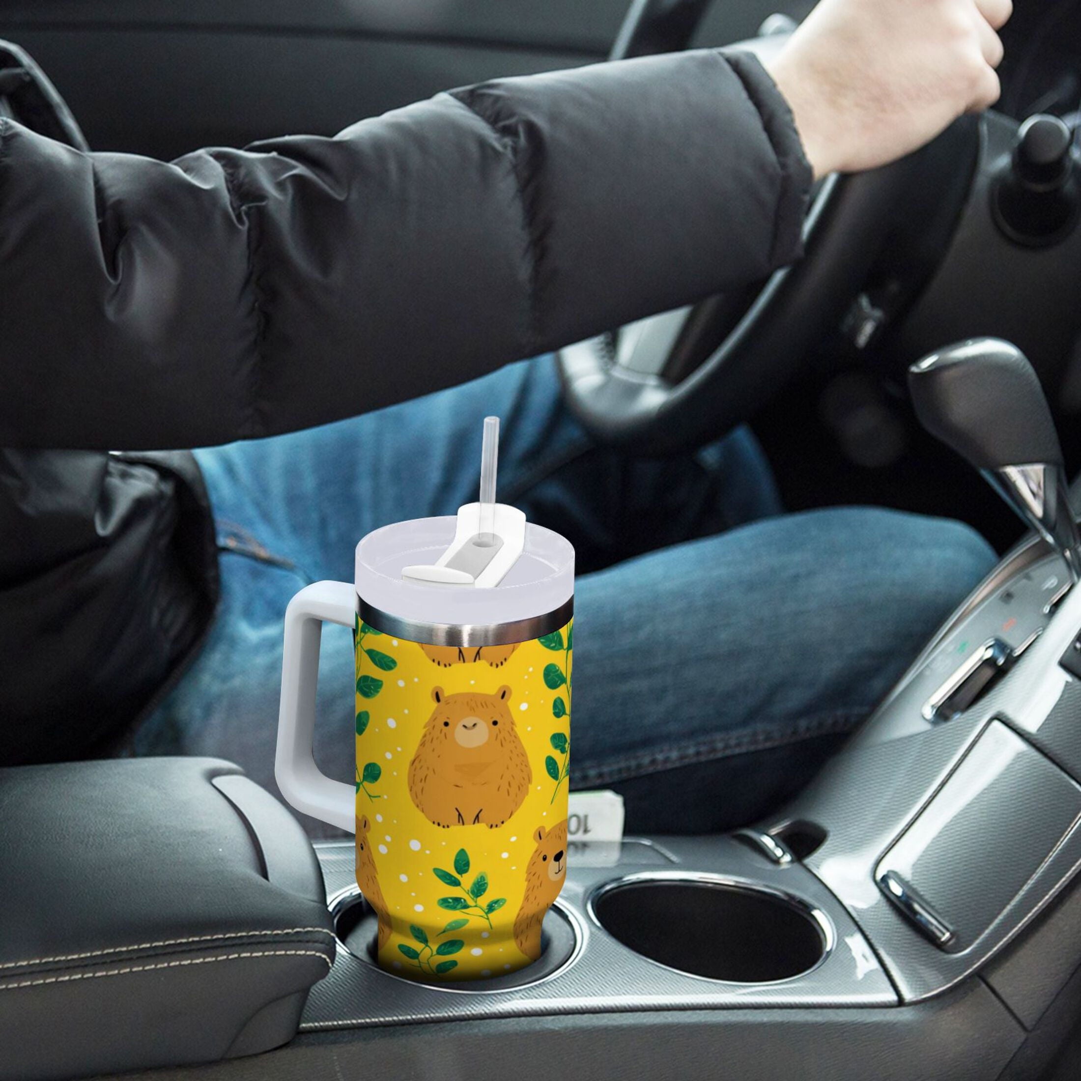 30 oz Insulated Stainless Steel Tumbler Double Wall Stainless Steel Tumbler with 2-Way Drinking Capybara and Green Leaves - Pick 608