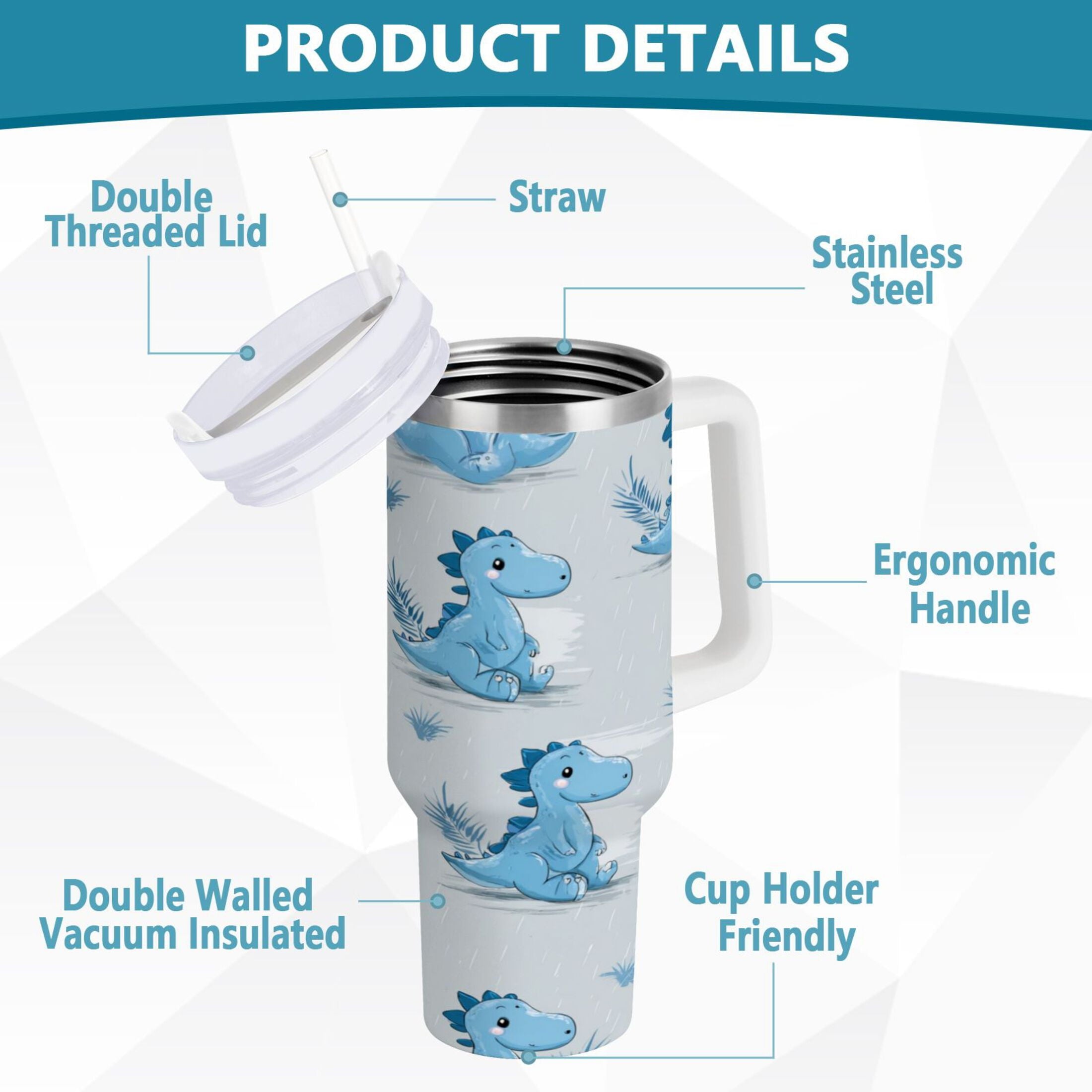 30 oz Insulated Stainless Steel Tumbler Double Wall Stainless Steel Tumbler with 2-Way Drinking Cartoon Blue Dinosaurs - Pick 582