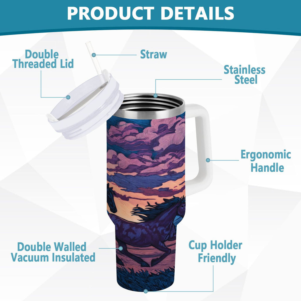 40 oz Insulated Stainless Steel Tumbler Double Wall Stainless Steel Tumbler with 2-Way Drinking Wild Horses Running - Pick 930