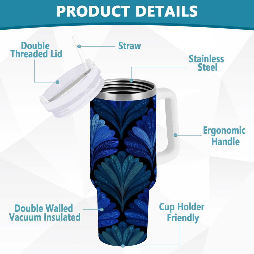 30 oz Insulated Stainless Steel Tumbler Double Wall Stainless Steel Tumbler with 2-Way Drinking Blue Batik Leaves Pattern - Pick 501