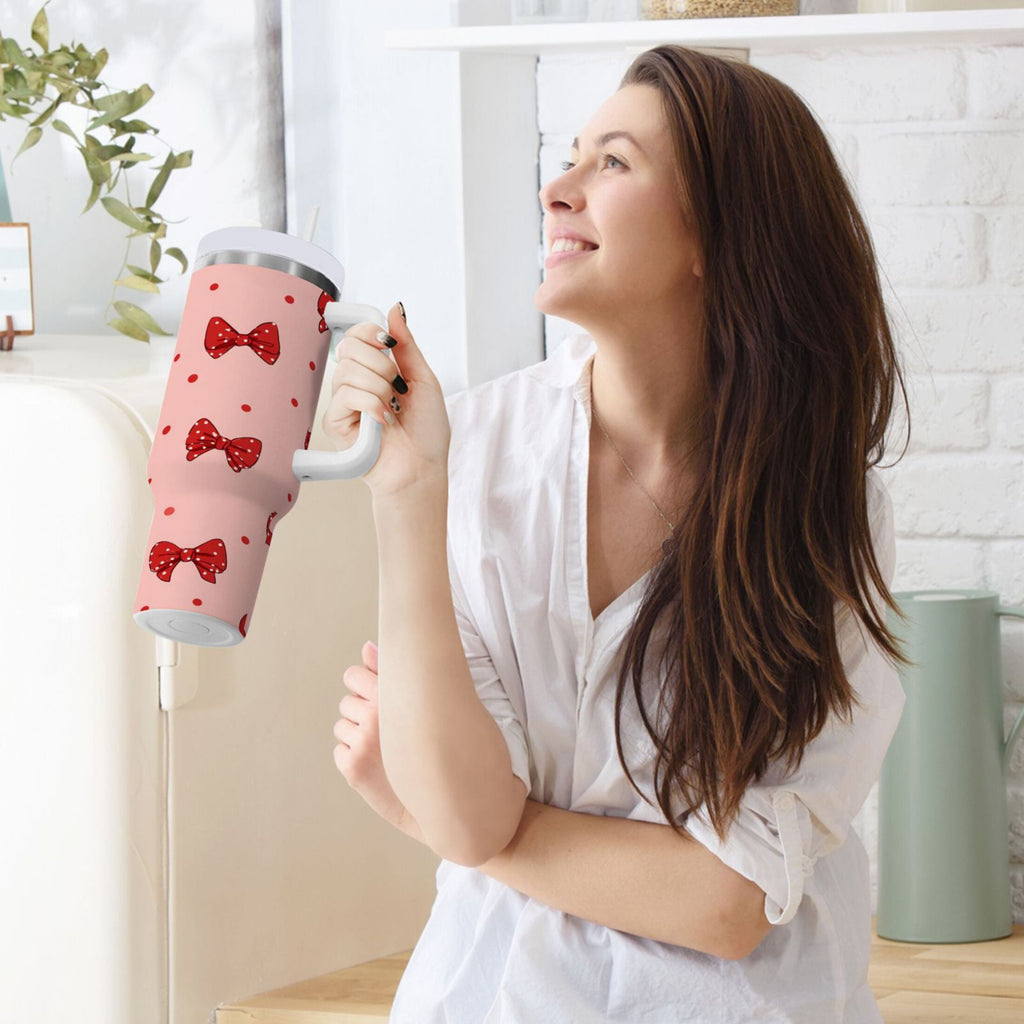40 oz Insulated Stainless Steel Tumbler Double Wall Stainless Steel Tumbler with 2-Way Drinking Red Bows and Polka Dots - Pick 708