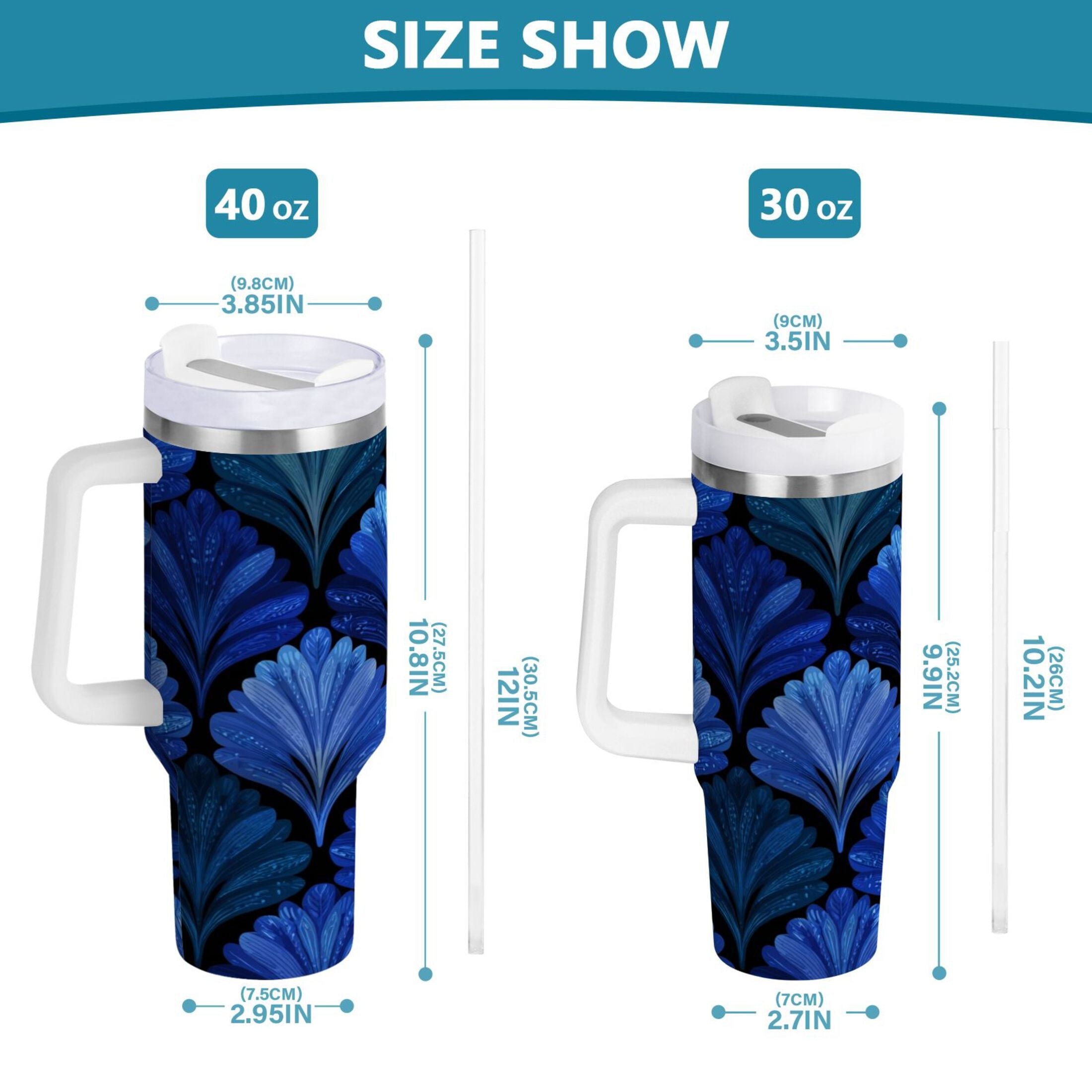 30 oz Insulated Stainless Steel Tumbler Double Wall Stainless Steel Tumbler with 2-Way Drinking Blue Batik Leaves Pattern - Pick 501