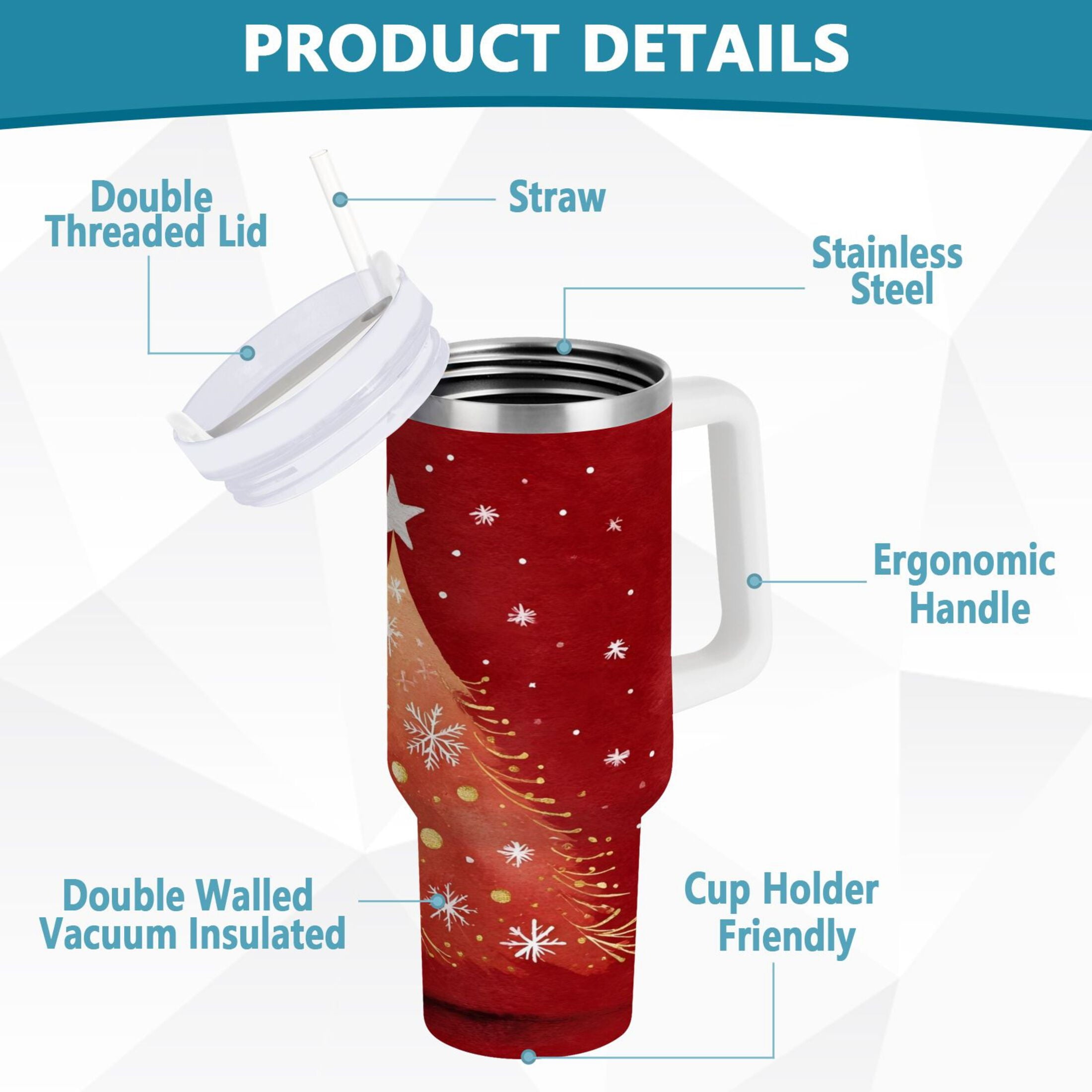 40 oz Insulated Stainless Steel Tumbler Double Wall Stainless Steel Tumbler with 2-Way Drinking Red Christmas Tree - Pick 499