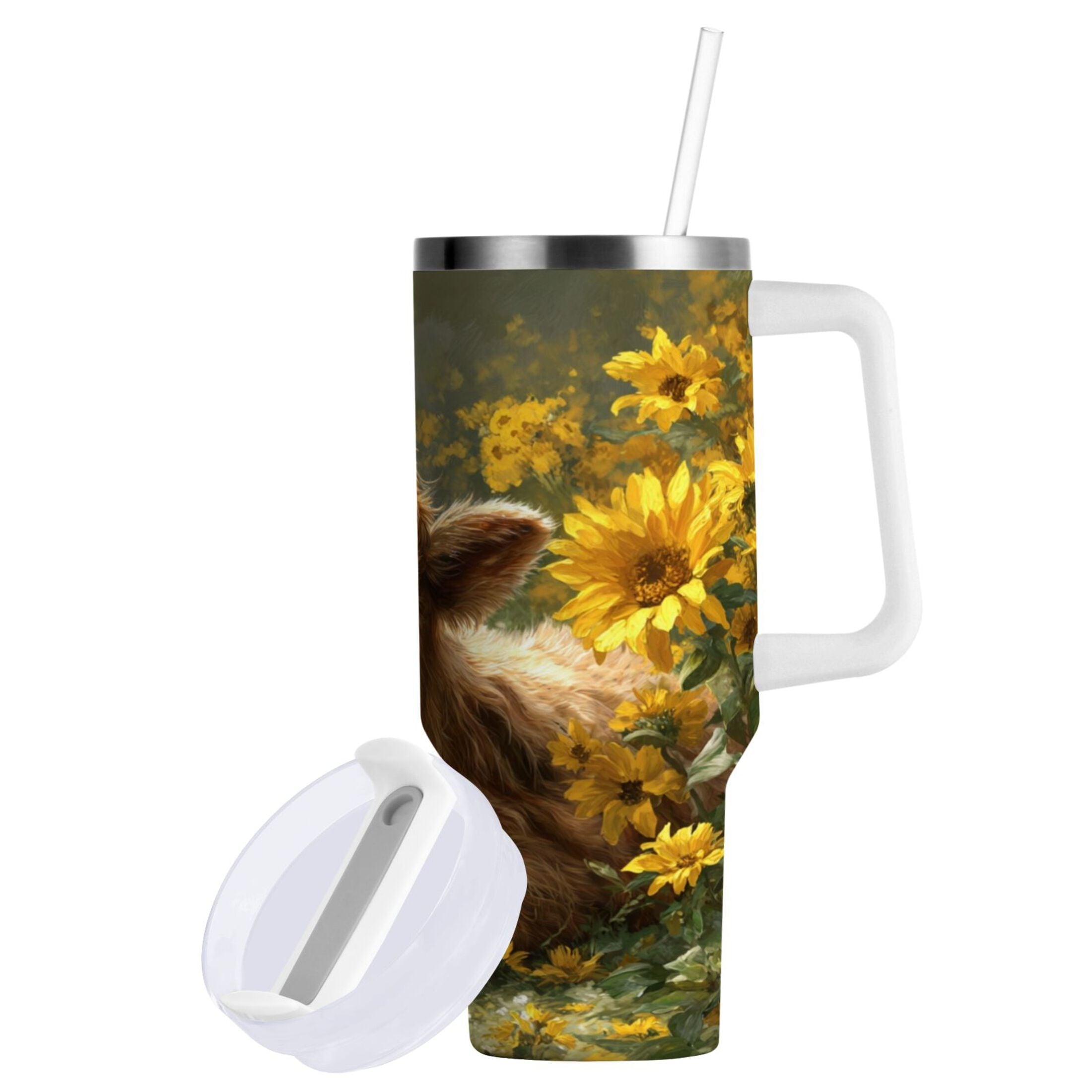 40 oz Insulated Stainless Steel Tumbler Double Wall Stainless Steel Tumbler with 2-Way Drinking Cow Lying in Sunflowers - Pick 435