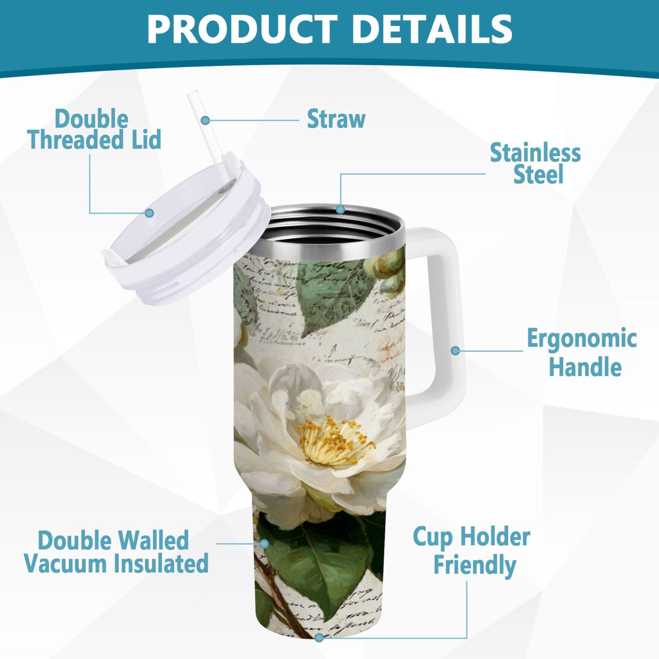 40 oz Insulated Stainless Steel Tumbler Double Wall Stainless Steel Tumbler with 2-Way Drinking Vintage White Camellias - Pick 603