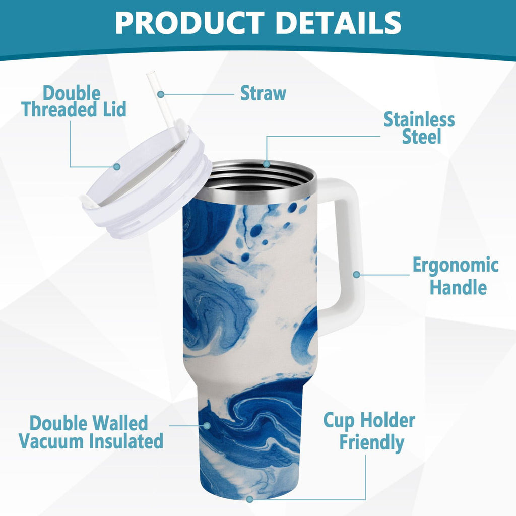 40 oz Insulated Stainless Steel Tumbler Double Wall Stainless Steel Tumbler with 2-Way Drinking Indigo Blue Tie-dye Pattern - Pick 265