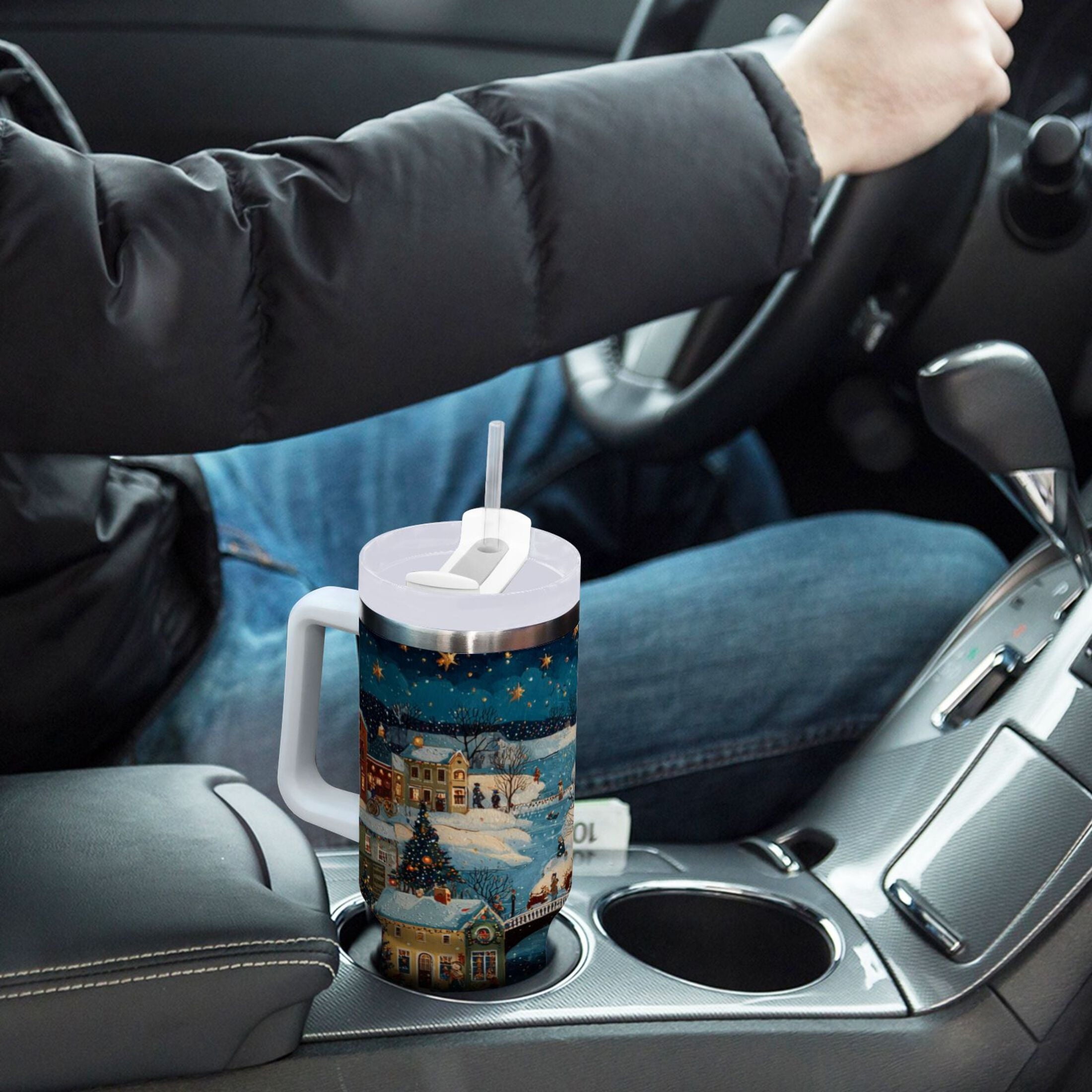 30 oz Insulated Stainless Steel Tumbler Double Wall Stainless Steel Tumbler with 2-Way Drinking Whimsical Christmas Scene - Pick 243