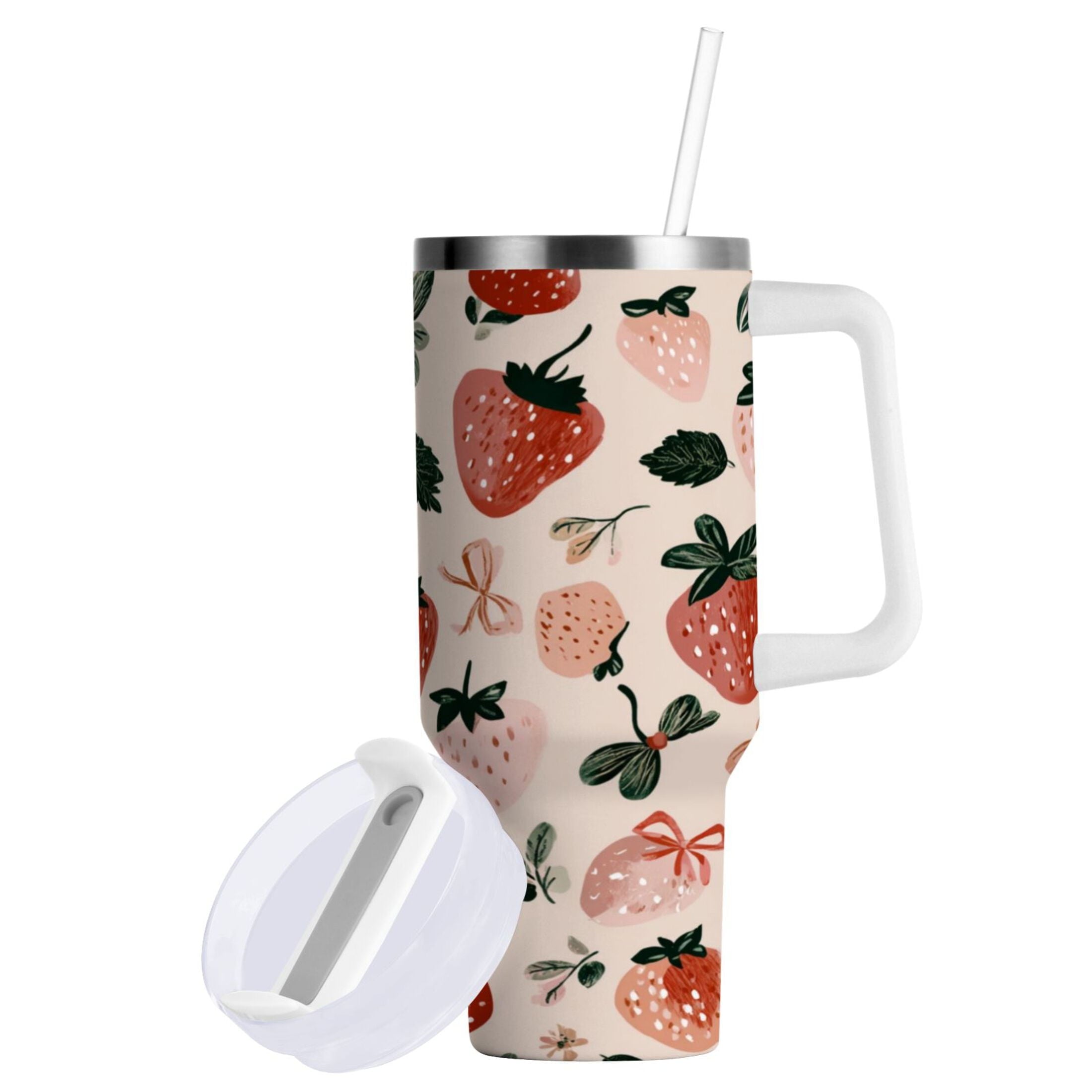 30 oz Insulated Stainless Steel Tumbler Double Wall Stainless Steel Tumbler with 2-Way Drinking Cute Pinks Strawberries - Pick 262