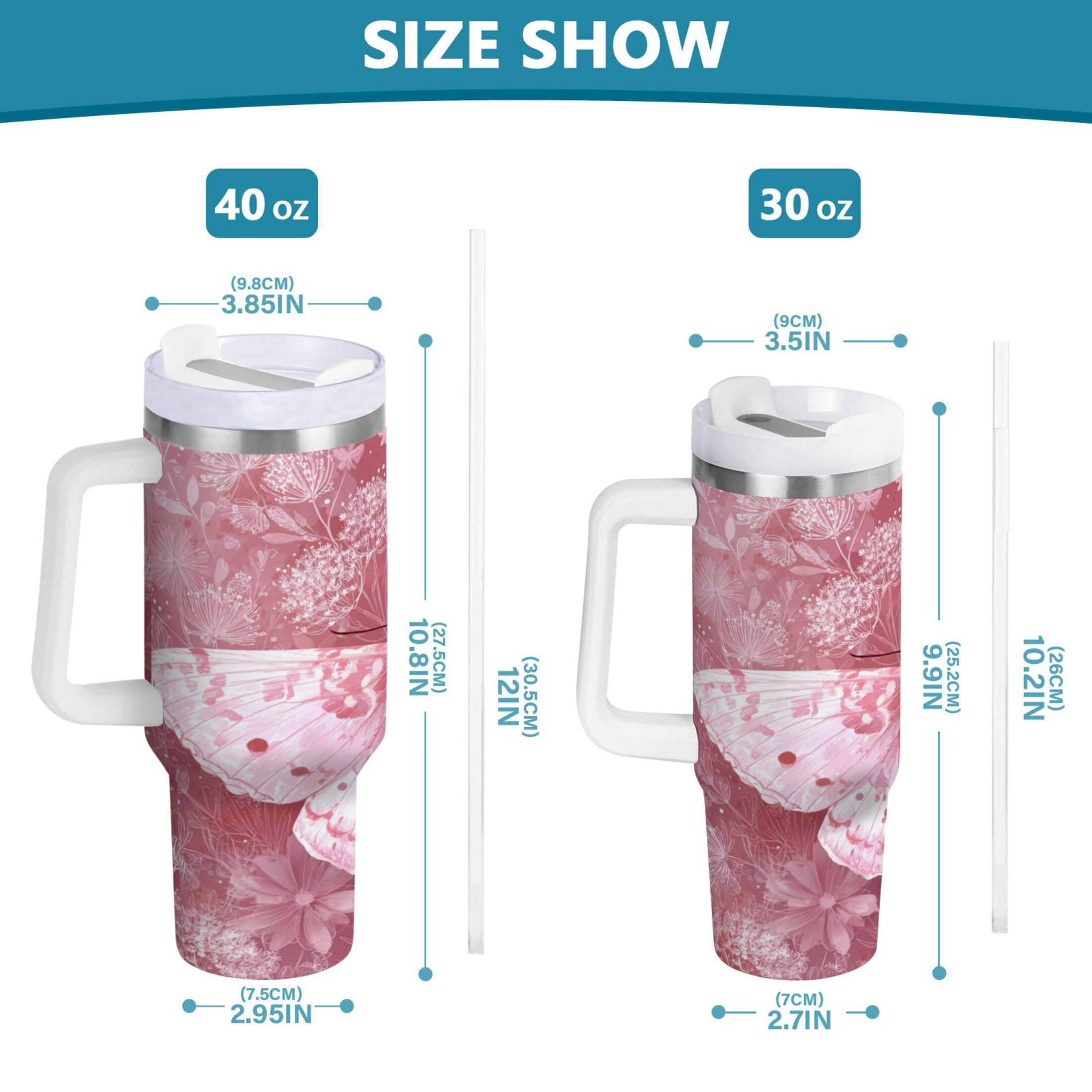 30 oz Insulated Stainless Steel Tumbler Double Wall Stainless Steel Tumbler with 2-Way Drinking Soft Pink Butterfly - Pick 641