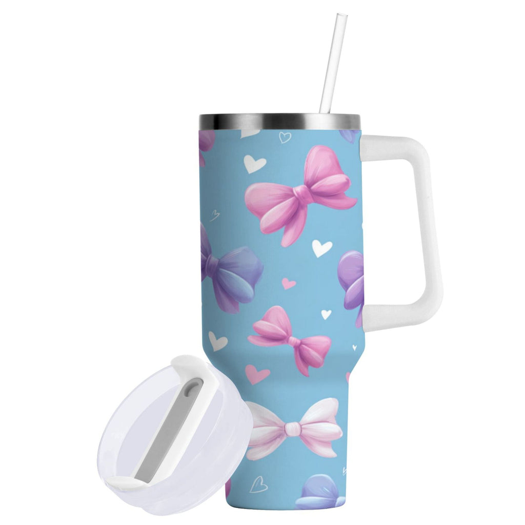30 oz Insulated Stainless Steel Tumbler Double Wall Stainless Steel Tumbler with 2-Way Drinking Pink and Purple Bows - Pick 357