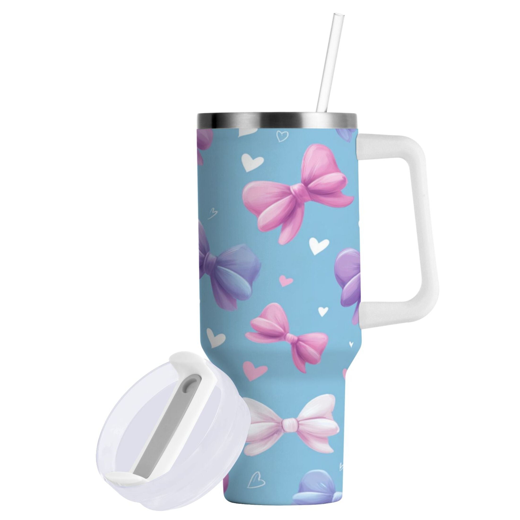 30 oz Insulated Stainless Steel Tumbler Double Wall Stainless Steel Tumbler with 2-Way Drinking Pink and Purple Bows - Pick 357