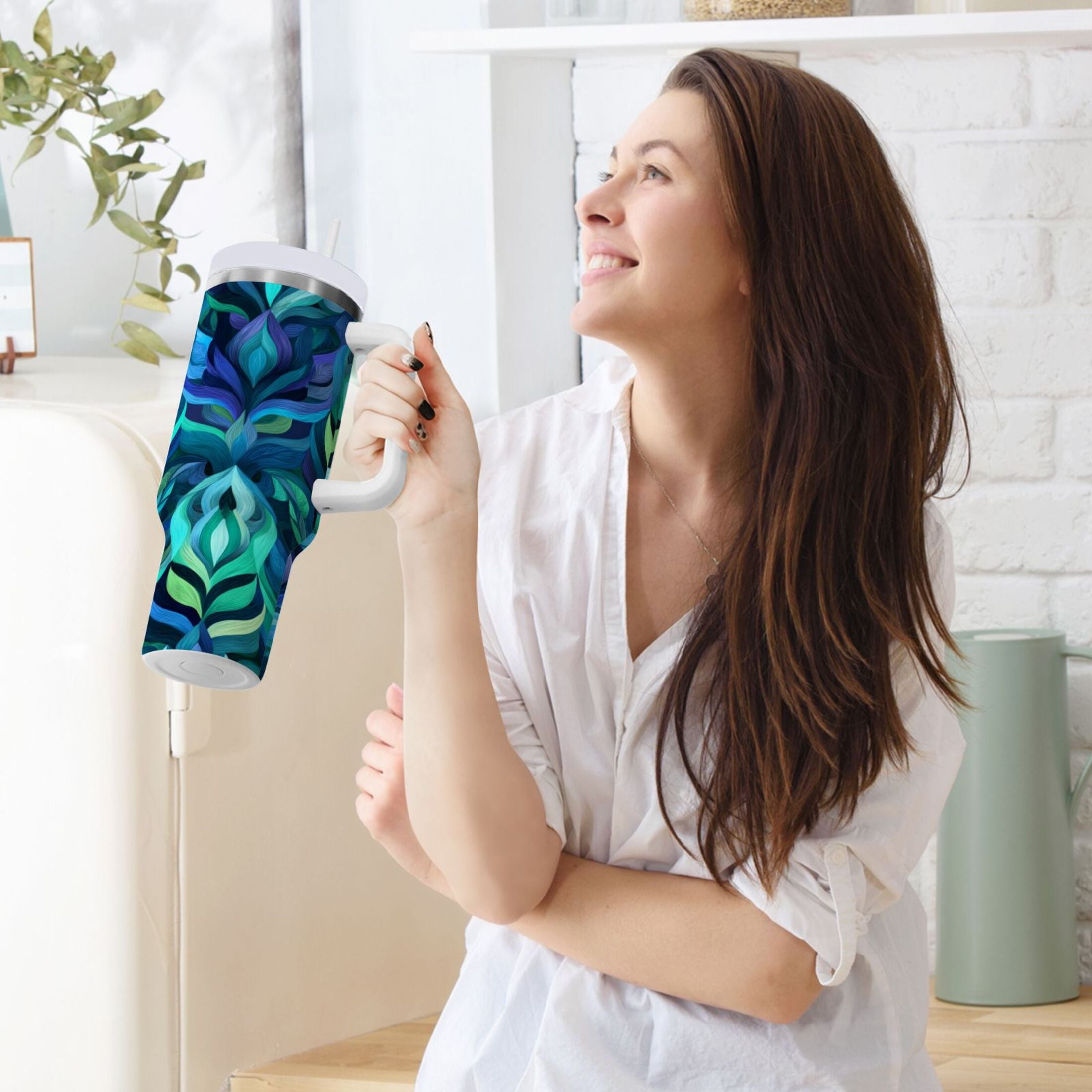 40 oz Insulated Stainless Steel Tumbler Double Wall Stainless Steel Tumbler with 2-Way Drinking Elegant Blue Abstract Shapes - Pick 410