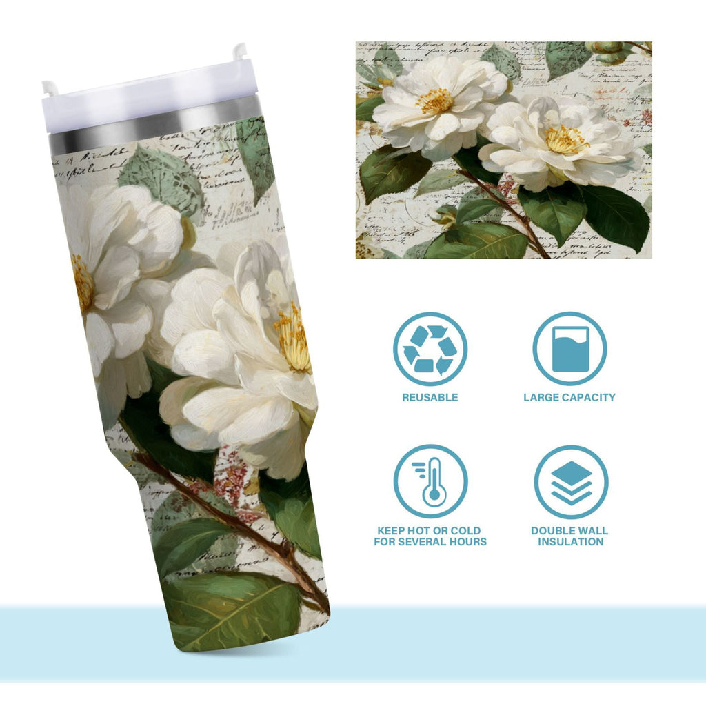 40 oz Insulated Stainless Steel Tumbler Double Wall Stainless Steel Tumbler with 2-Way Drinking Vintage White Camellias - Pick 603