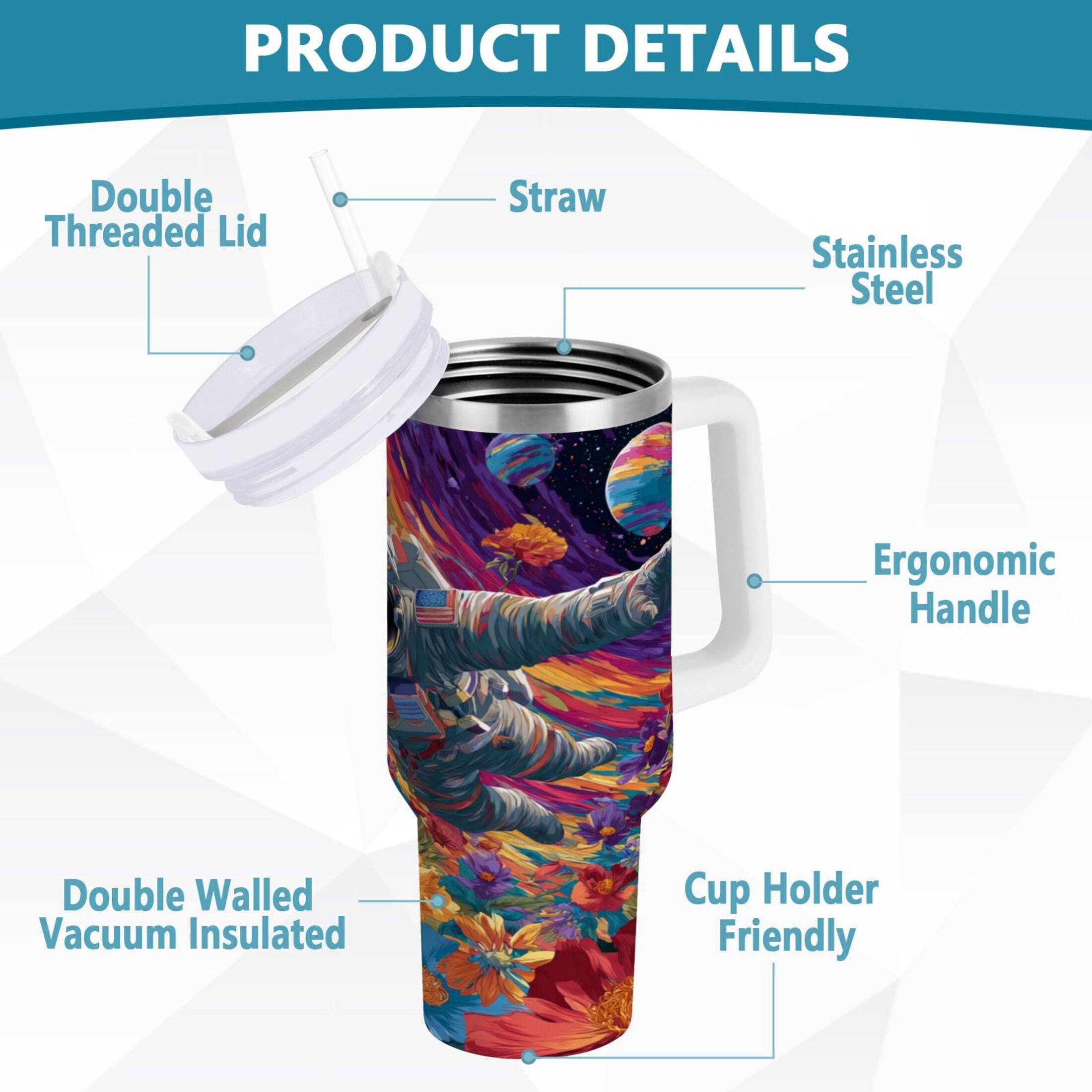 40 oz Insulated Stainless Steel Tumbler Double Wall Stainless Steel Tumbler with 2-Way Drinking Colorful Flowers and Planets - Pick 514