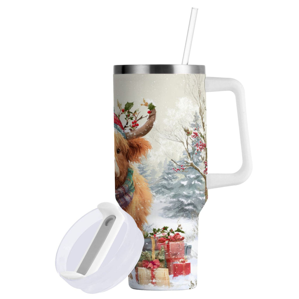 30 oz Insulated Stainless Steel Tumbler Double Wall Stainless Steel Tumbler with 2-Way Drinking Cow Wearing Christmas Hat - Pick 808