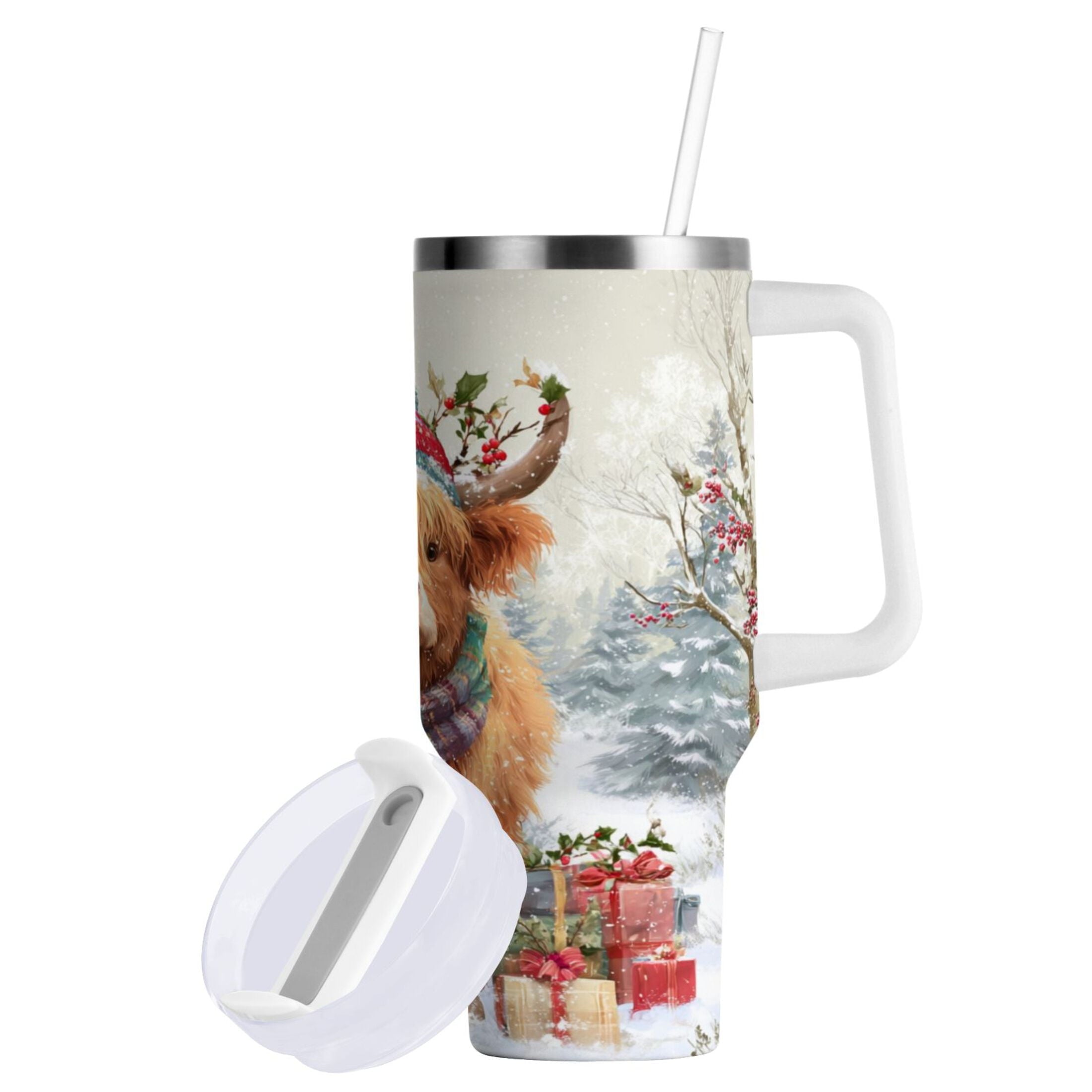30 oz Insulated Stainless Steel Tumbler Double Wall Stainless Steel Tumbler with 2-Way Drinking Cow Wearing Christmas Hat - Pick 808