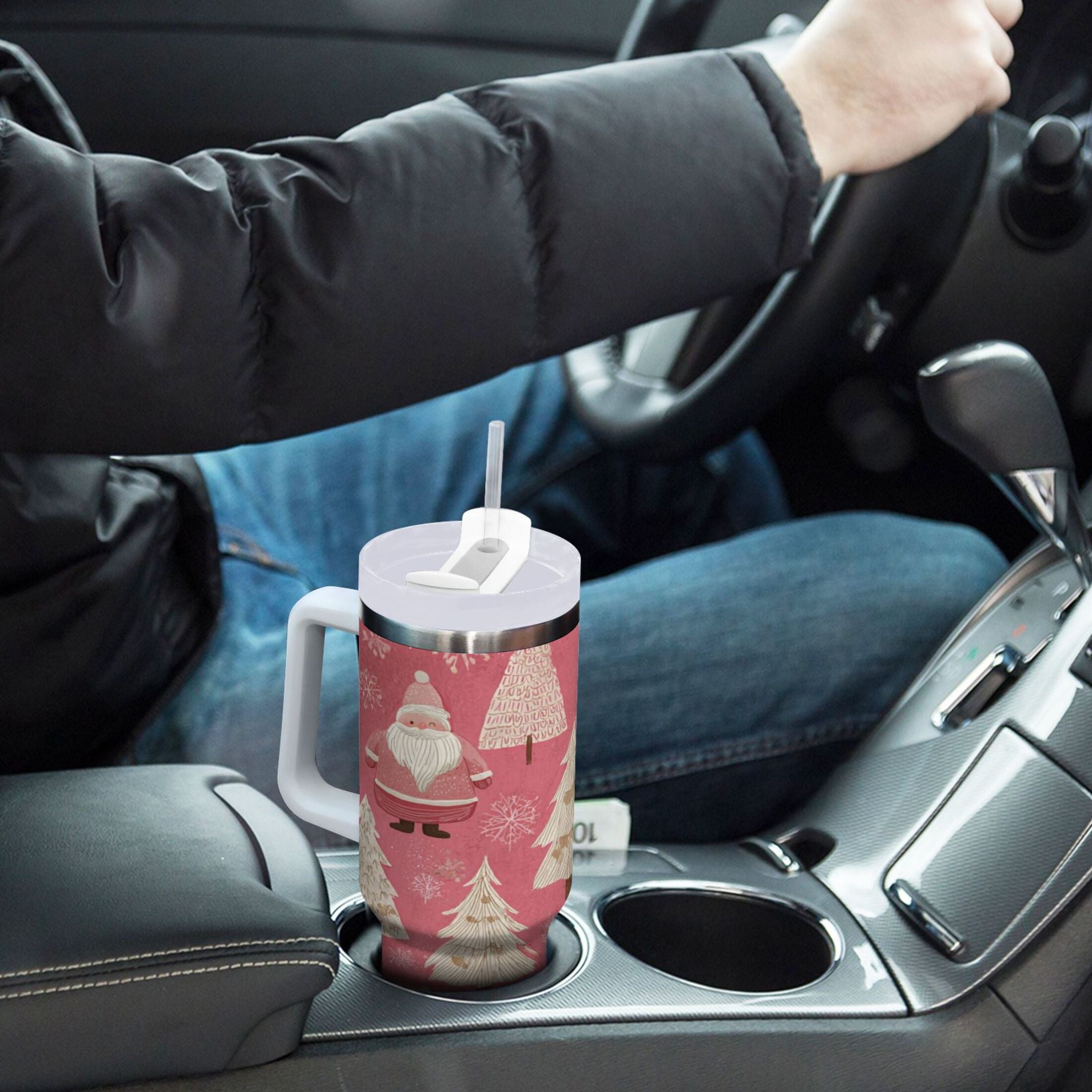 40 oz Insulated Stainless Steel Tumbler Double Wall Stainless Steel Tumbler with 2-Way Drinking Pink Santa Claus Pattern - Pick 638