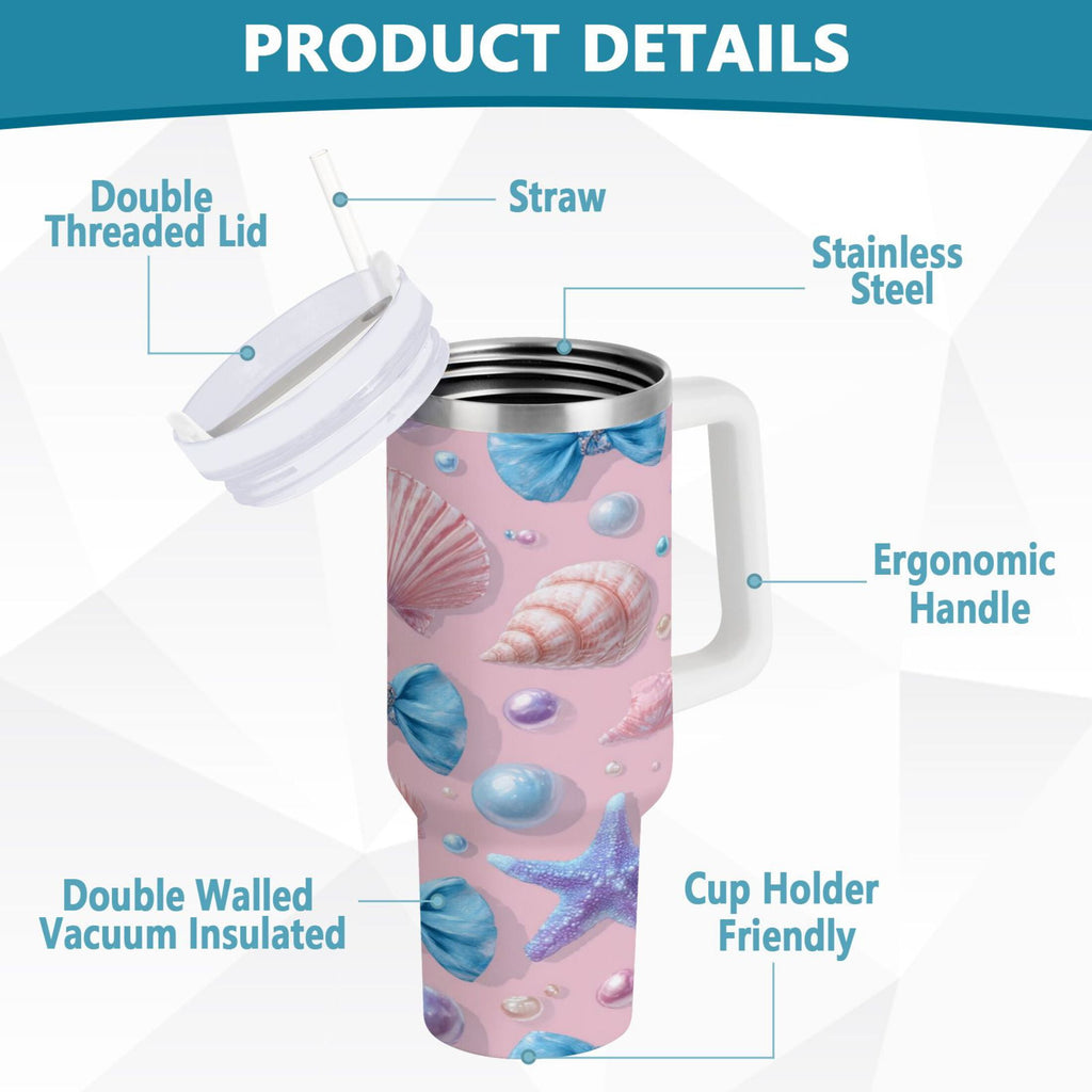 30 oz Insulated Stainless Steel Tumbler Double Wall Stainless Steel Tumbler with 2-Way Drinking Seashells and Bows - Pick 150