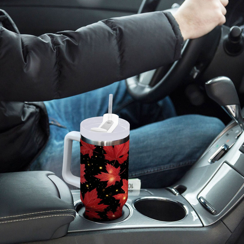 40 oz Insulated Stainless Steel Tumbler Double Wall Stainless Steel Tumbler with 2-Way Drinking Maple Leaves and Fireflies - Pick 528