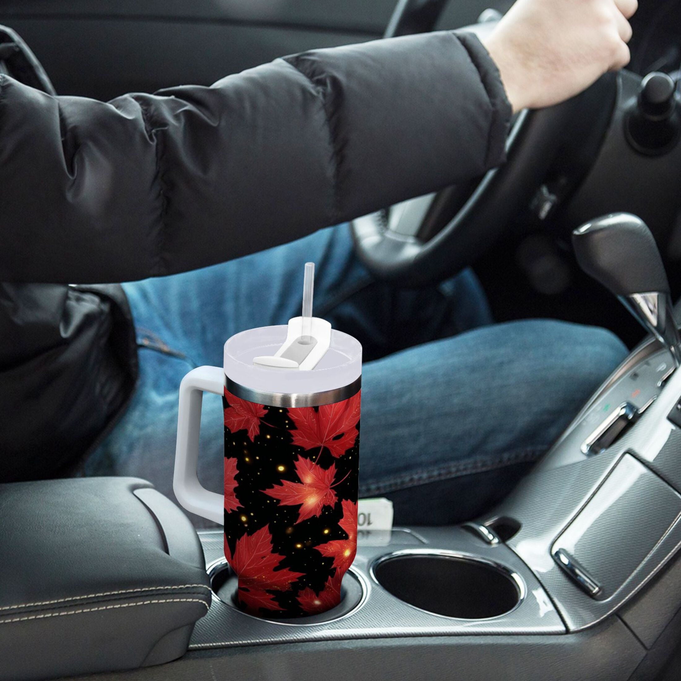 40 oz Insulated Stainless Steel Tumbler Double Wall Stainless Steel Tumbler with 2-Way Drinking Maple Leaves and Fireflies - Pick 528